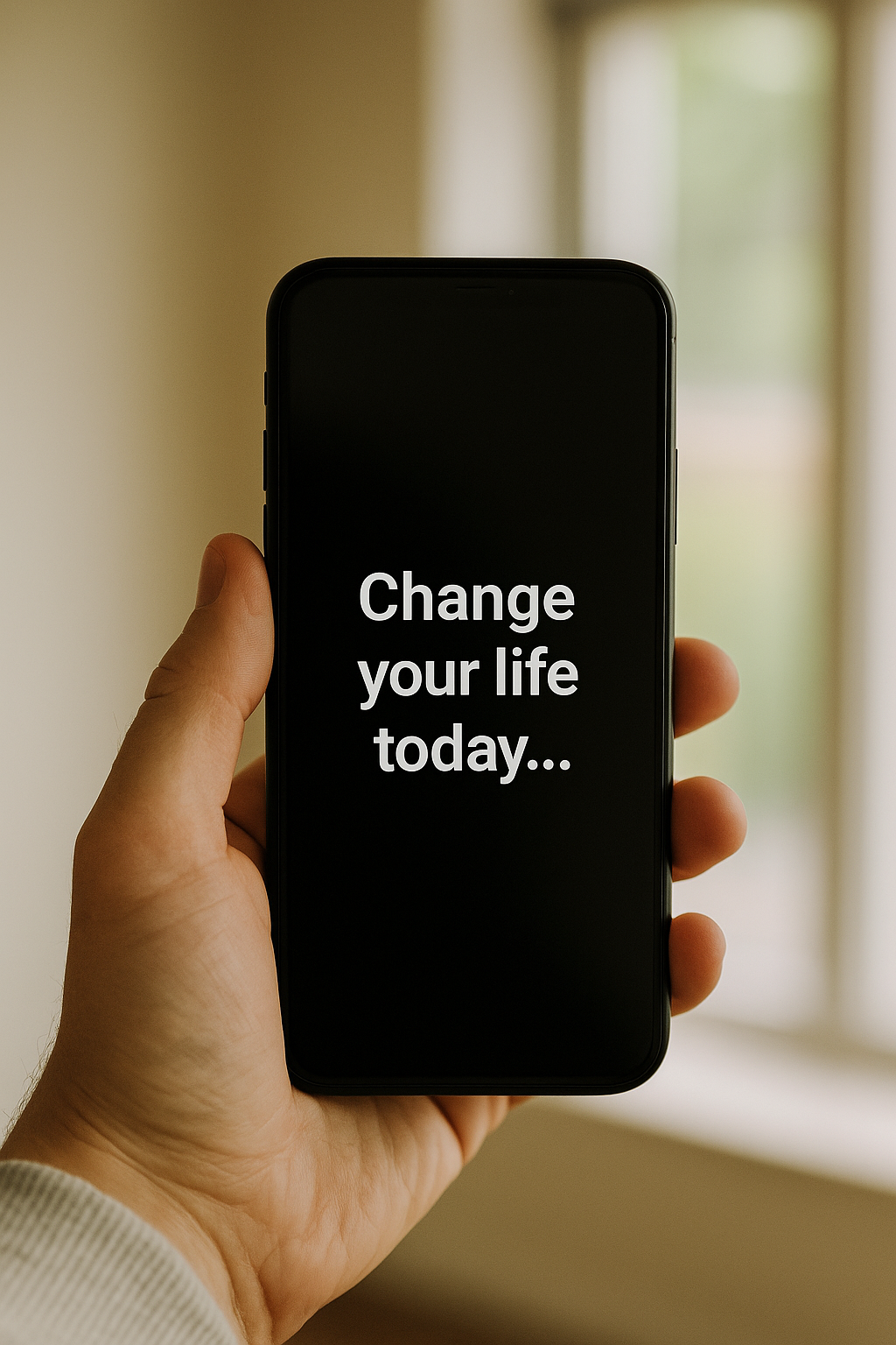 A person holding a smartphone displaying the message 'Change your life today...' on a black screen; leadership; coaching; ebook; development; career; growth; learning; self-help; management; online;