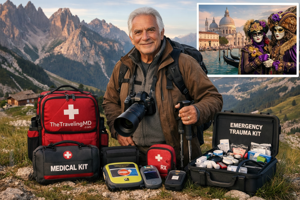 An older man with gray hair, wearing a brown jacket and gray sweater, stands outdoors with a camera hanging around his neck. He is surrounded by emergency medical kits, including a red bag labeled "The TravelingMD," a black "Medical Kit," a small red first aid pouch, a portable defibrillator, and a large "Emergency Trauma Kit" open on the ground with various medical supplies. Behind him are mountains and a hillside. In an inset image, there are two women in Venetian carnival costumes and masks, standing in front of a canal with a domed building in the background.