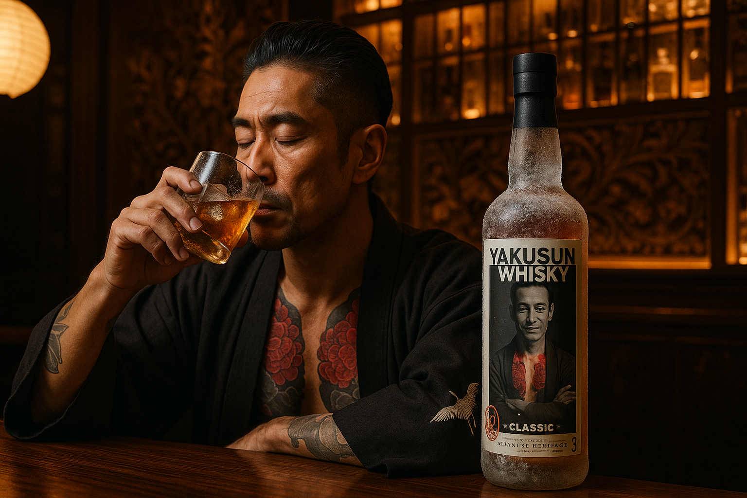 A man with tattoos on his chest and arm raises a glass of whisky to his lips, sitting at a wooden bar in a dimly lit, ornate setting. A frosted bottle of Yakusun Whisky Classic with a portrait of a man on the label is positioned on the bar next to hi