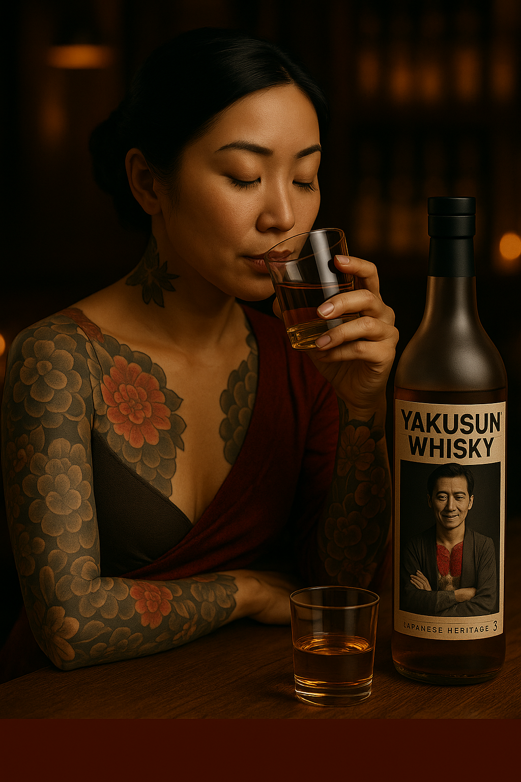 A woman with tattoos on her arm and chest, holding and drinking from a glass of whiskey, sitting next to a bottle labeled Yakusun Whisky with a picture of a man on it, in a dimly lit setting.