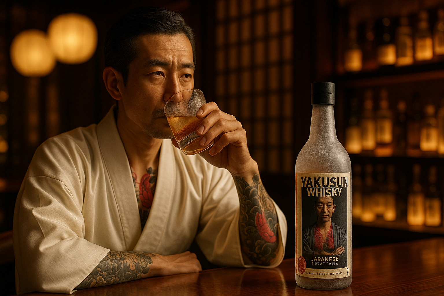 A man with tattoos wearing a cream-colored kimono, sitting at a bar, drinking whisky from a glass. A large bottle labeled 'YAKUSUN WHISKY JARANESE NIGATTO' is on the table.