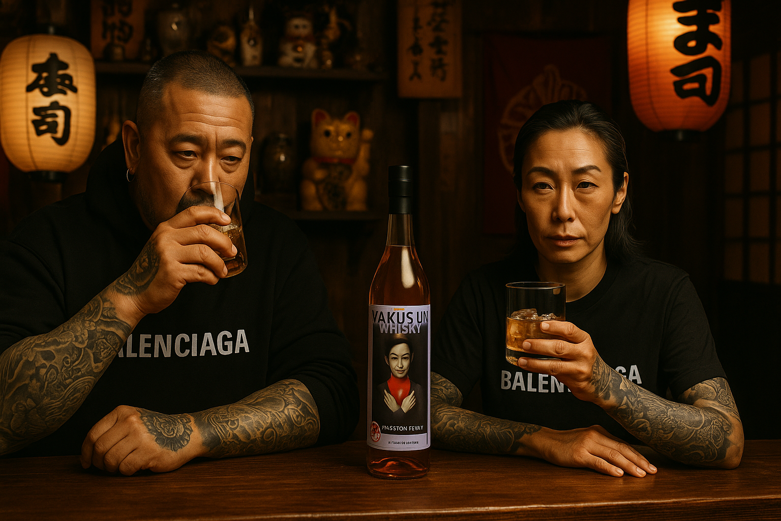 A man and woman with tattoos sitting at a wooden bar table drinking whisky, with a bottle labeled 'VAKUS UN WHISKY' between them, in a dimly lit Asian-themed setting with paper lanterns.