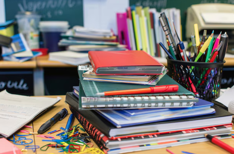 Cluttered school desk with notebooks, folders, pens, pencils, paper clips, and office supplies.