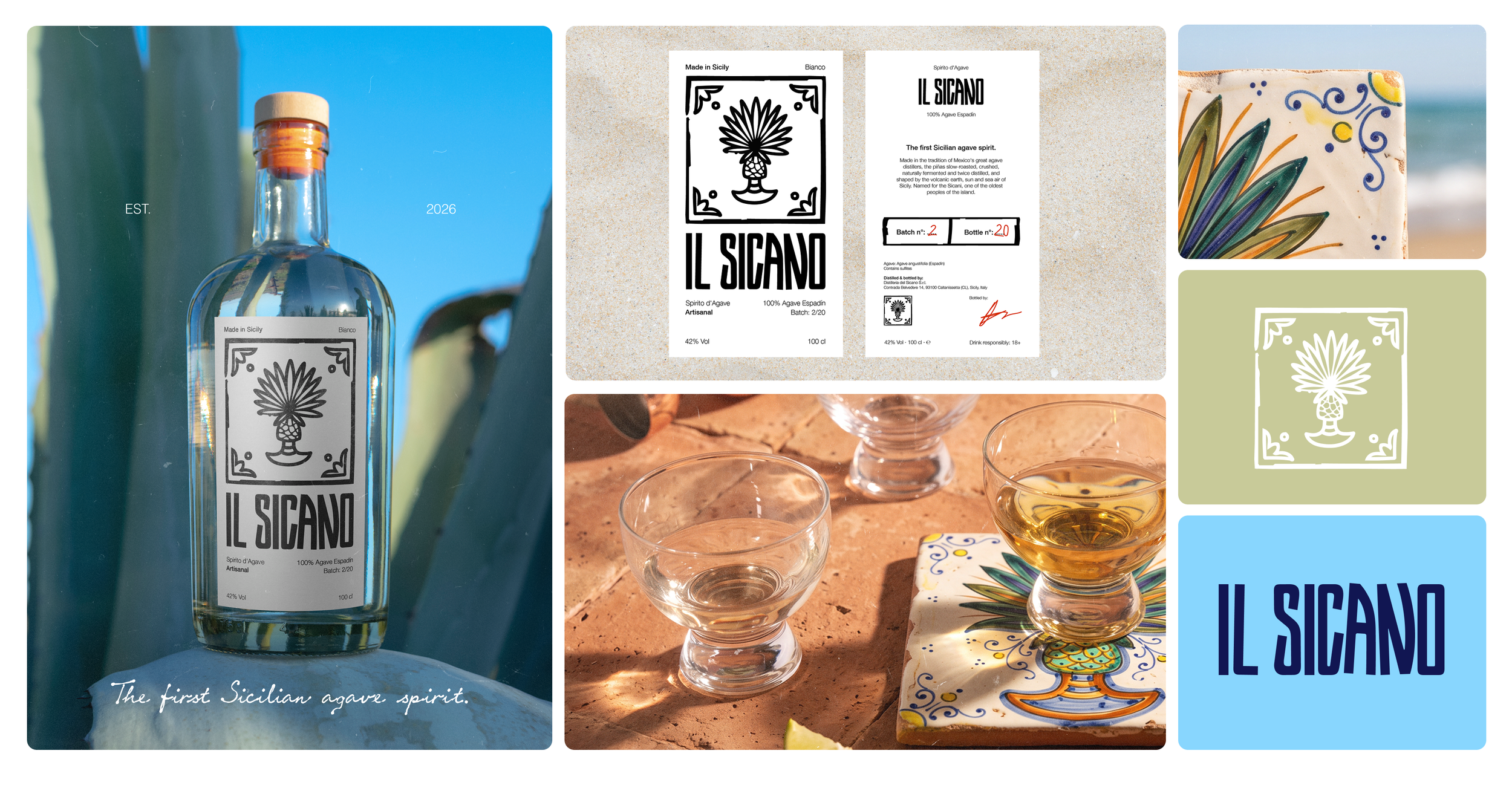A bottle of Il Sicano Sicilian agave spirit with a label showing a stylized agave plant, alongside tasting glasses with the spirit, and the label and branding displayed in multiple images.