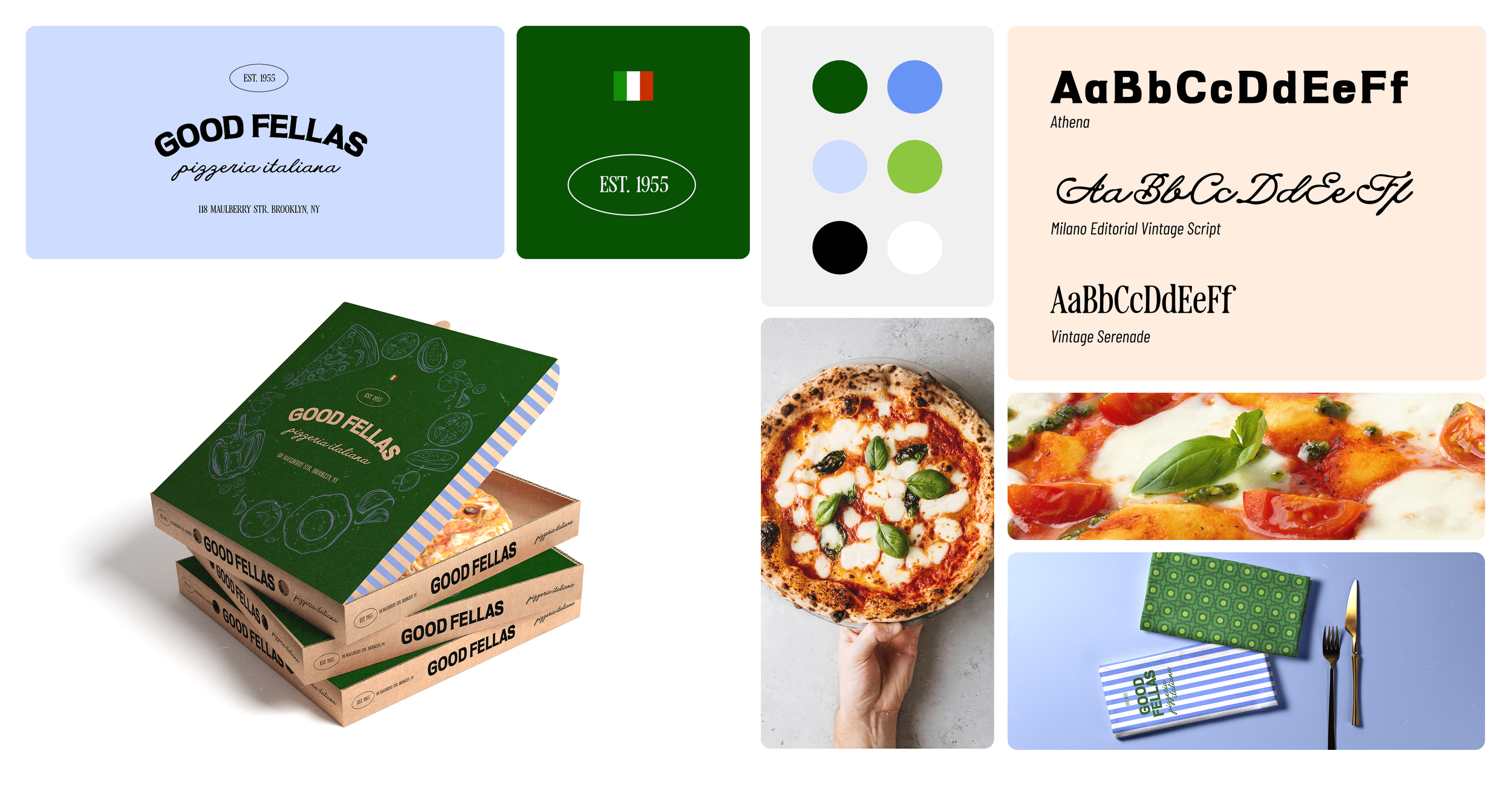 Stacked pizza boxes with 'Good Fellas' branding, displayed pizza with basil and cheese, and a box with Italian flag design.