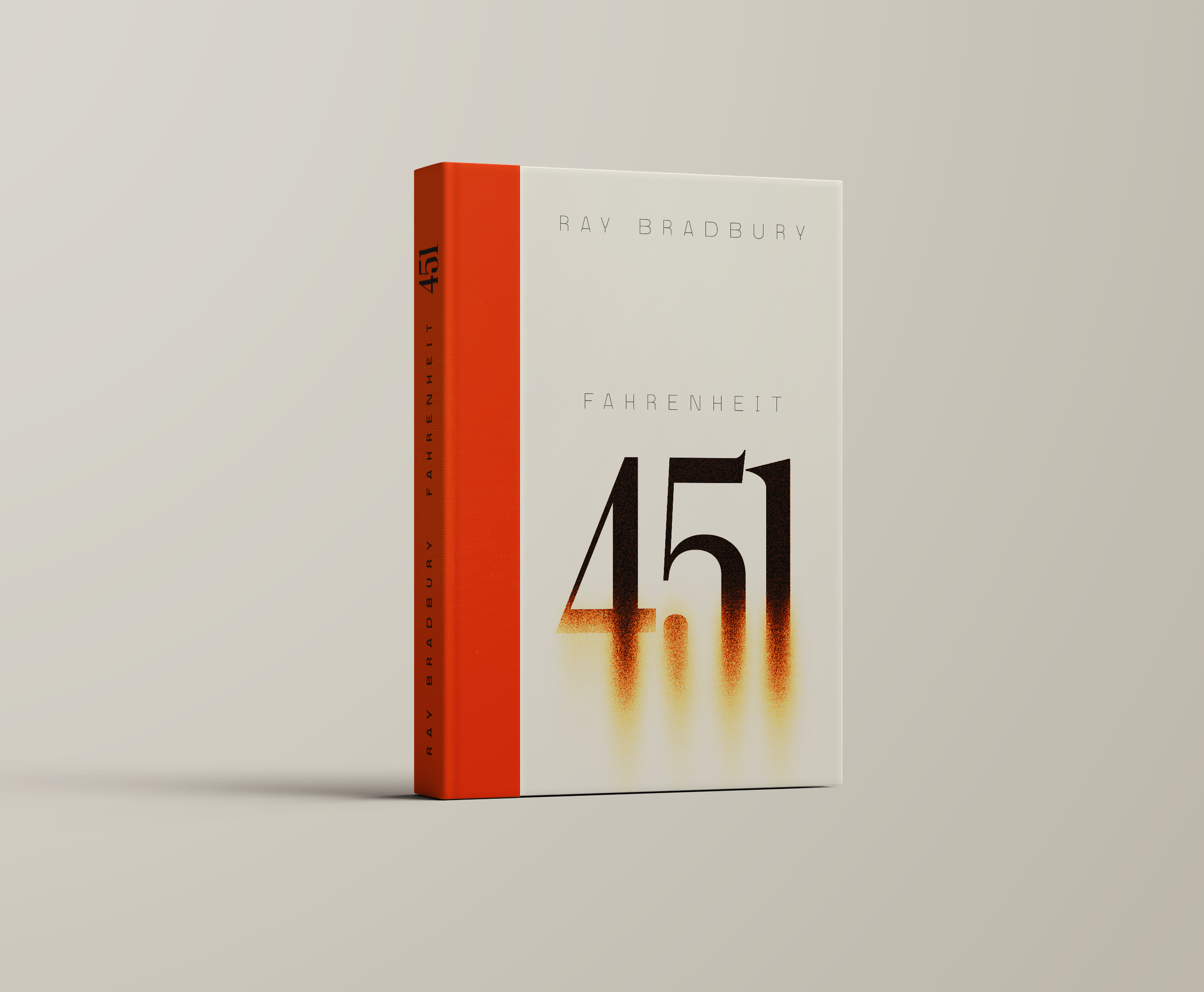 A book titled "Fahrenheit 451" by Ray Bradbury, featuring a white cover with black-and-orange gradient text and a red spine with black text.