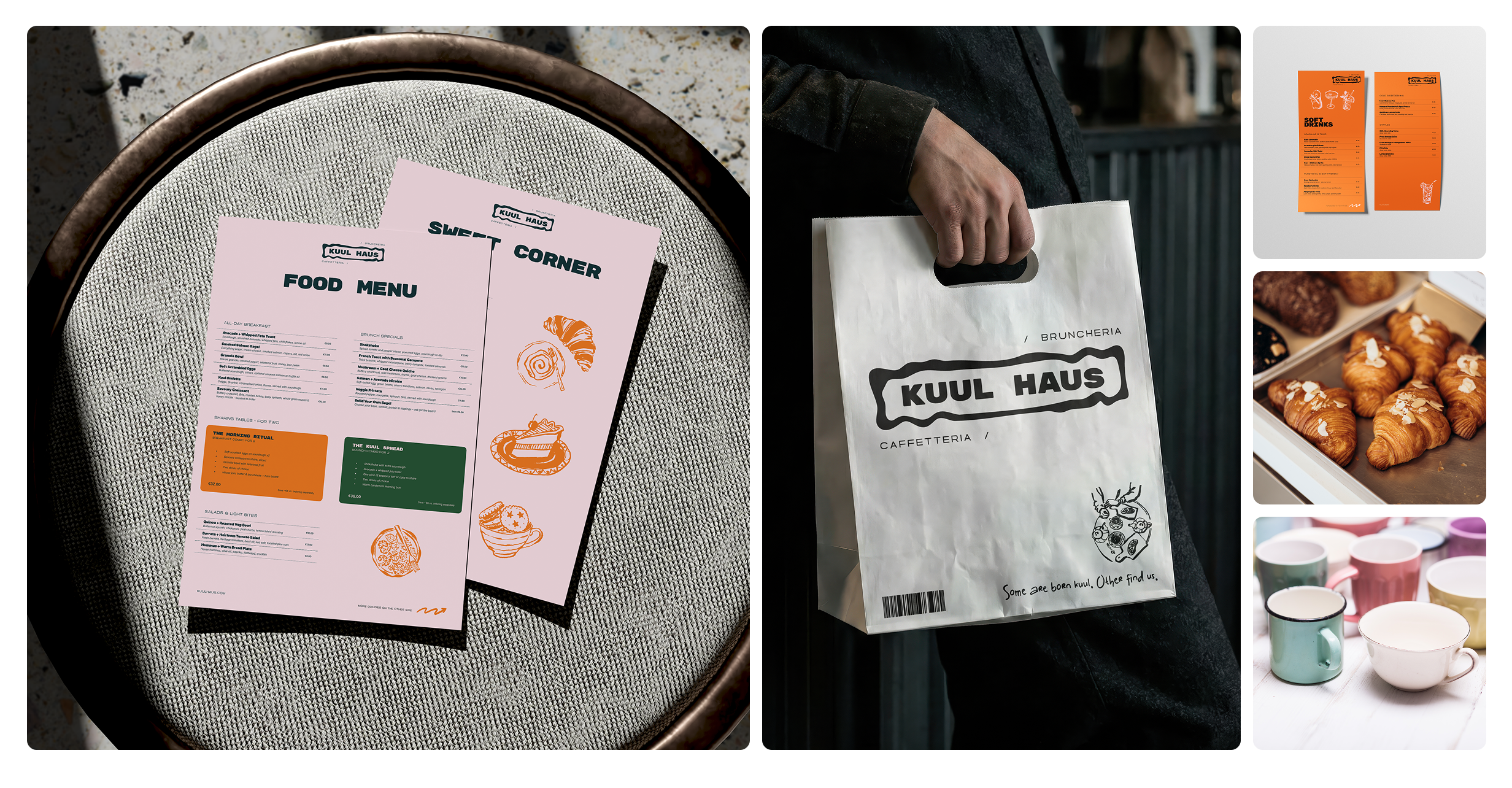 Set of menus and a takeaway bag from Kuul Haus, a cafe or bakery. The menus feature food options and prices, with illustrations of croissants and other baked goods. The takeaway bag displays the Kuul Haus logo and branding.