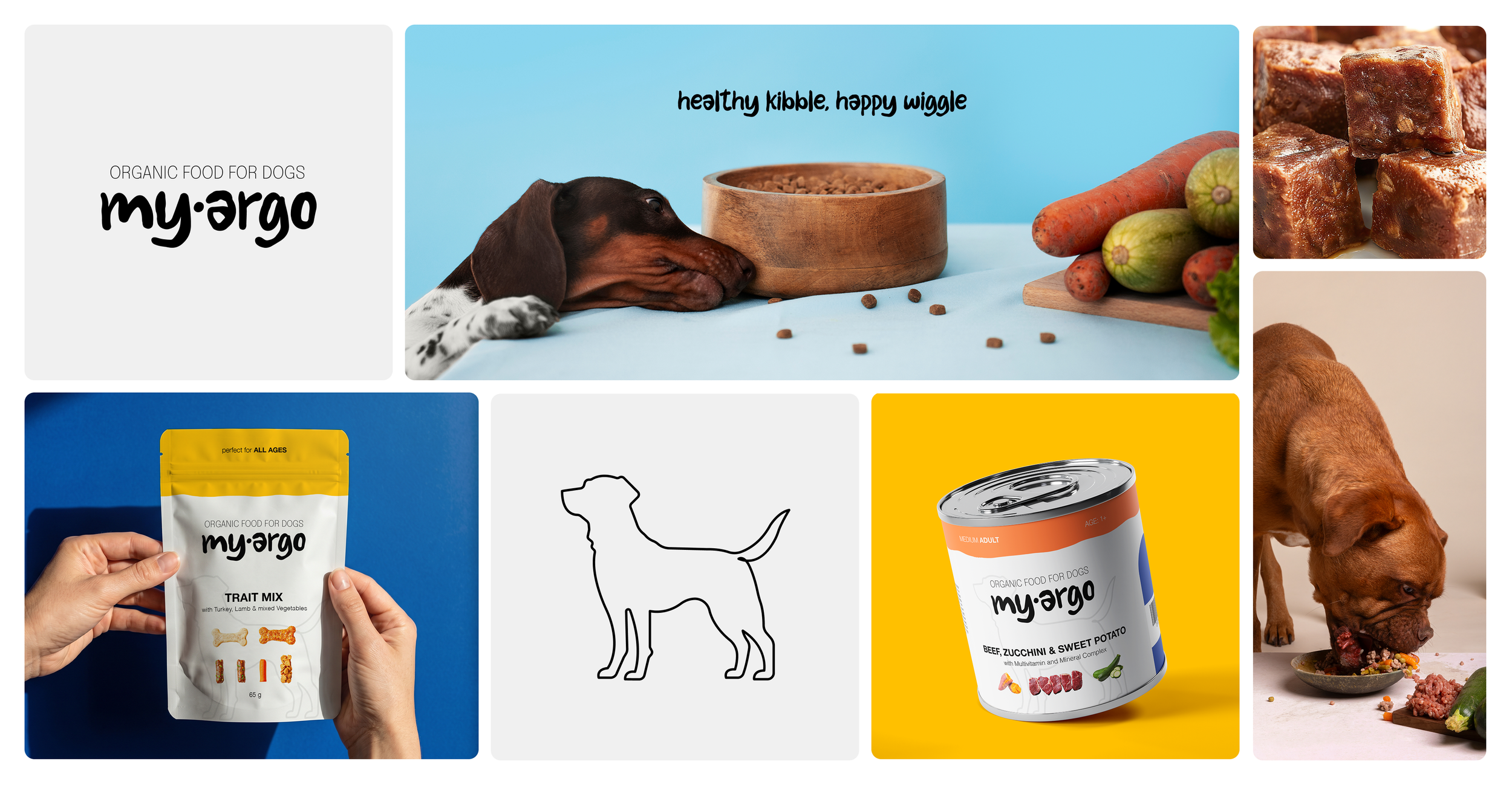 Collage of images related to My Argo dog food brand, including a sleeping dog, a bowl of kibble, raw vegetables, dog food packaging, a simple dog silhouette outline, and a dog eating