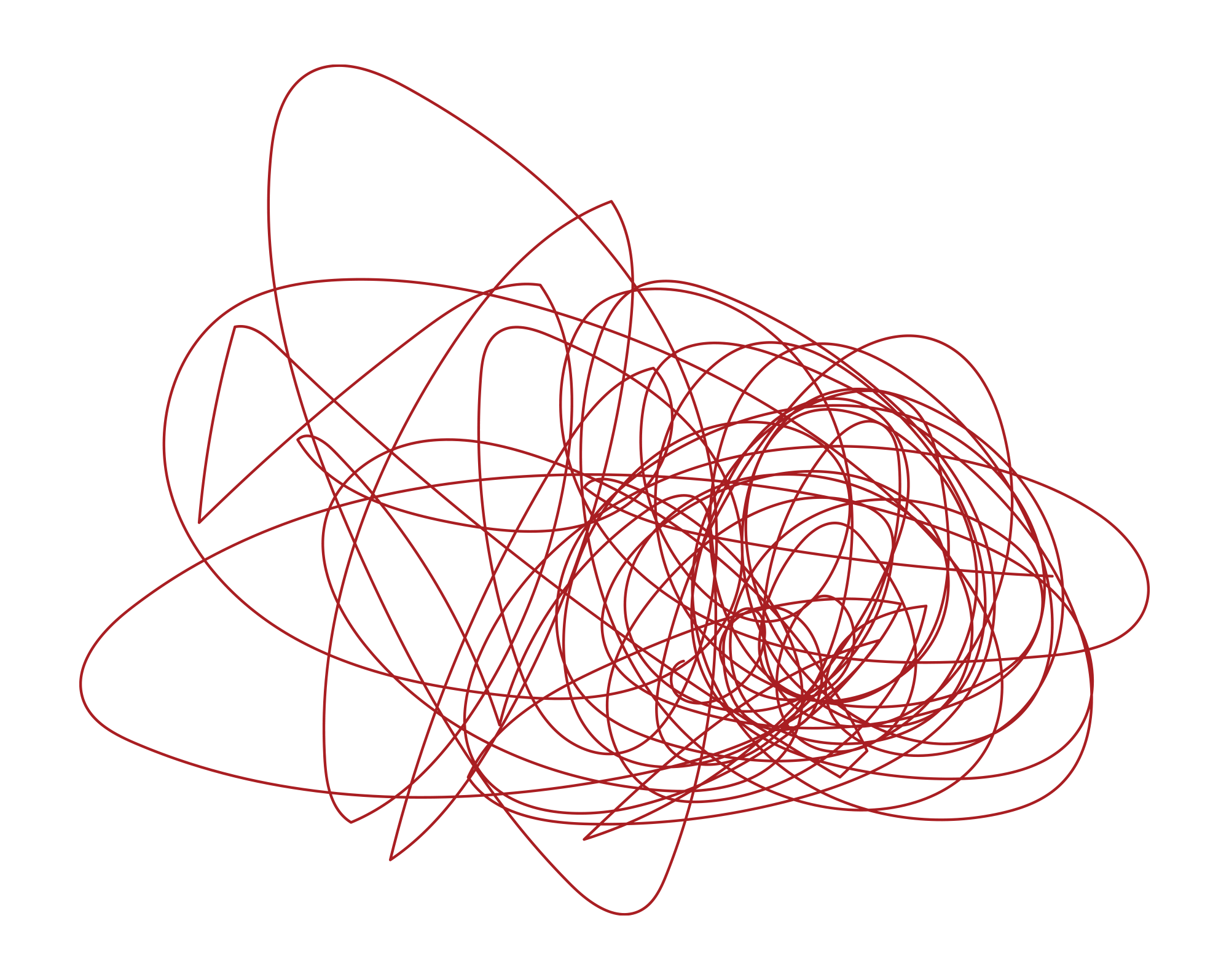 A digital abstract art piece featuring red lines looping and intersecting on a black background.