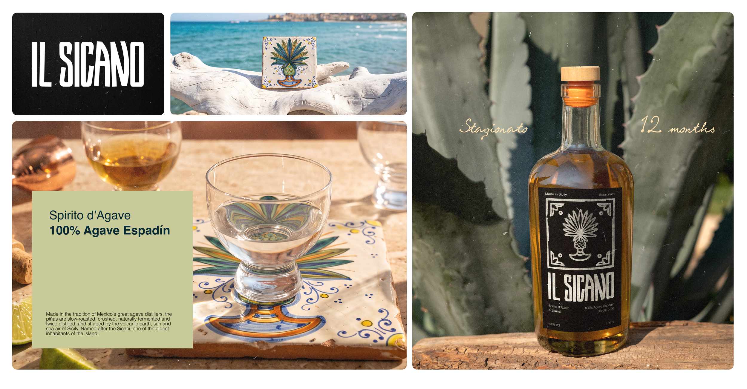 A collage featuring the logo 'Il Sicano,' ceramic tile with the interpretation of Il Sicano logo, the bottle with aged agave spirit with a black label and wooden cap.