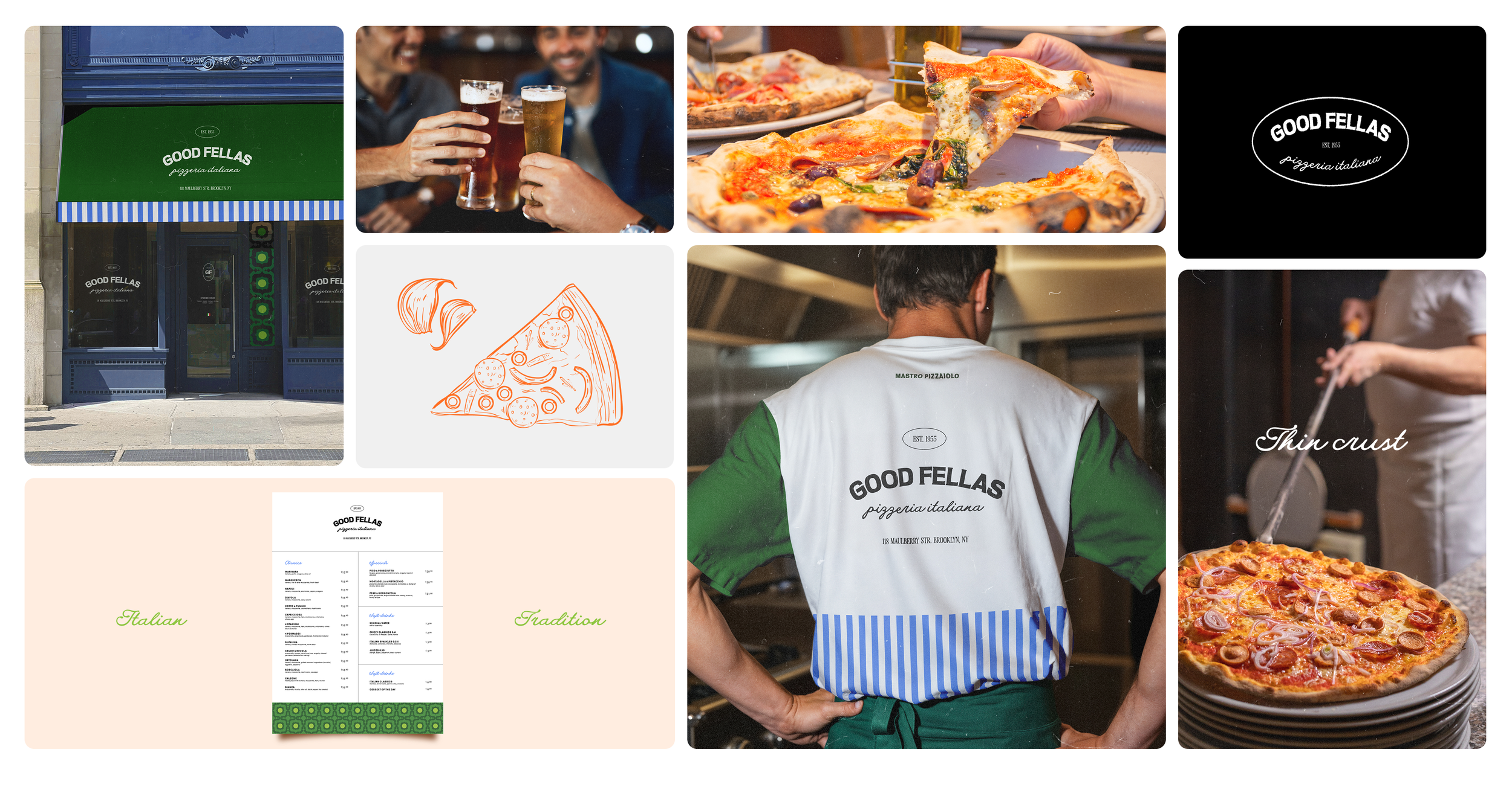Exterior of Good Fellas pizzeria with a green sign, and collage of people enjoying pizza, pizza slices, chef working in kitchen, and menu board.