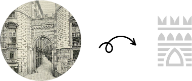 Sketch of an historic city gate with stone walls and an arched entrance on the left and the new grey vector logomark on the right inspired by the historic gate.