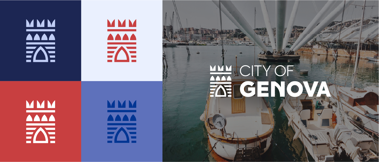 Logo of the City of Genova with a background of a marina with boats and a city skyline.