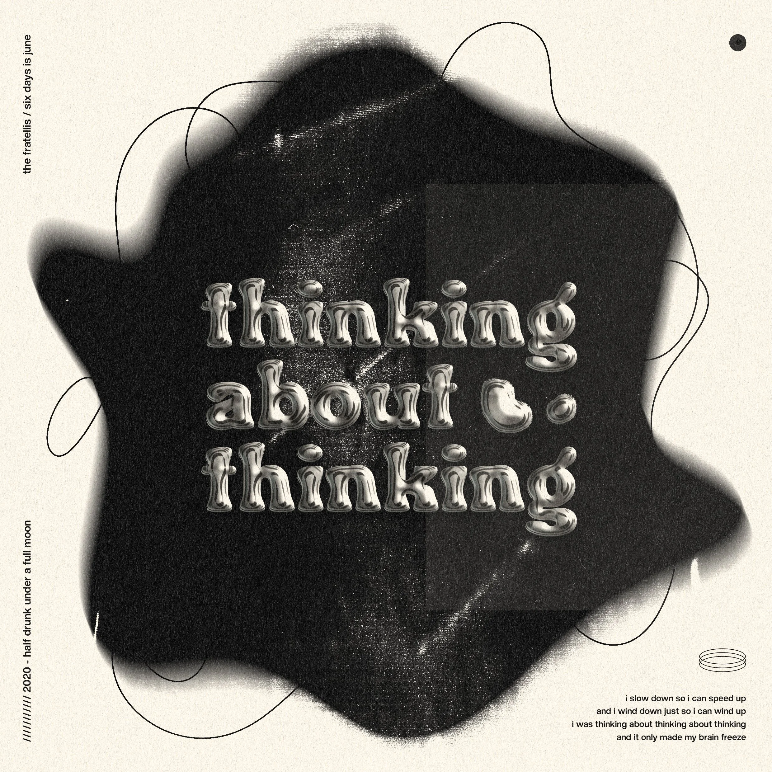 Abstract black and white artistic design featuring swirling lines, circles, and a textured black shape in the center, with partially visible stylized text and a vertical strip of text on the side.