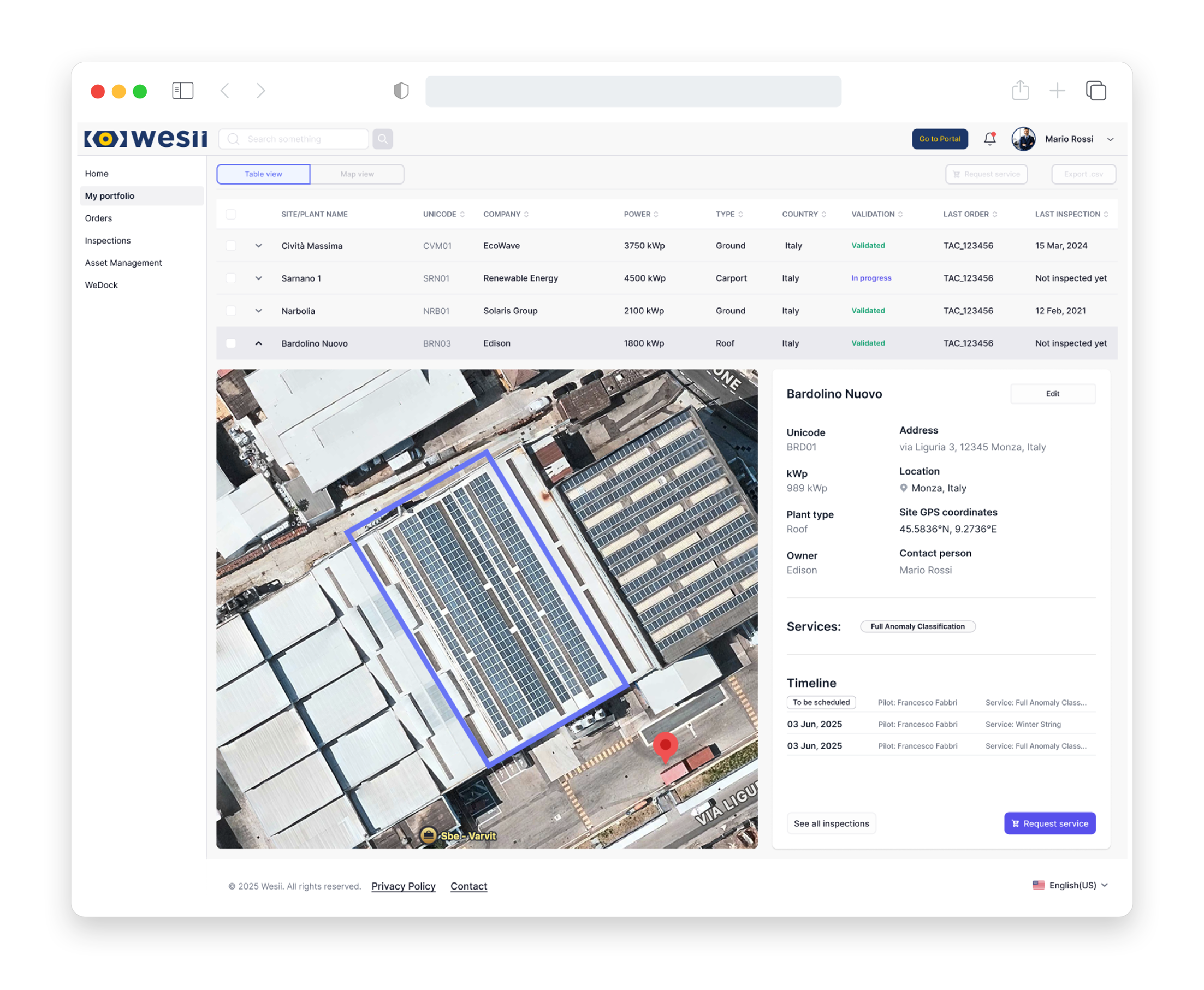 Screenshot of a web-based landscape aerial view map interface showing solar panel installations on rooftops in Italy, with data packets and inspection statuses listed on the right side.