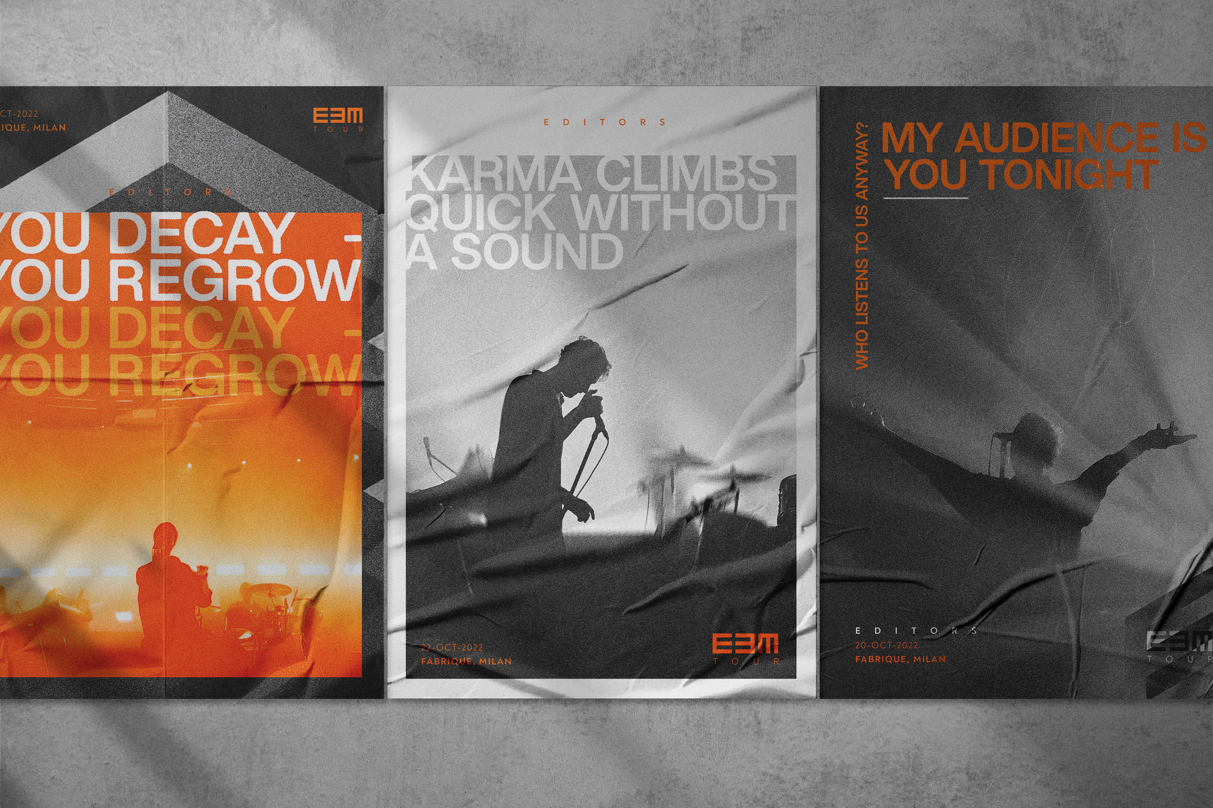 A collage of concert posters in shades of gray, black, and orange, featuring text and silhouettes of musicians playing instruments.