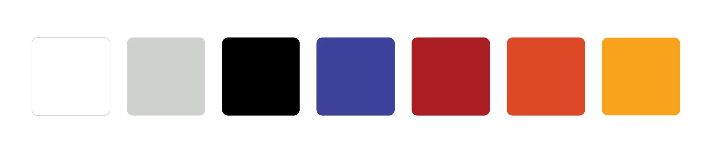 Color palette with seven color swatches: white, light gray, black, blue, red, orange, yellow.