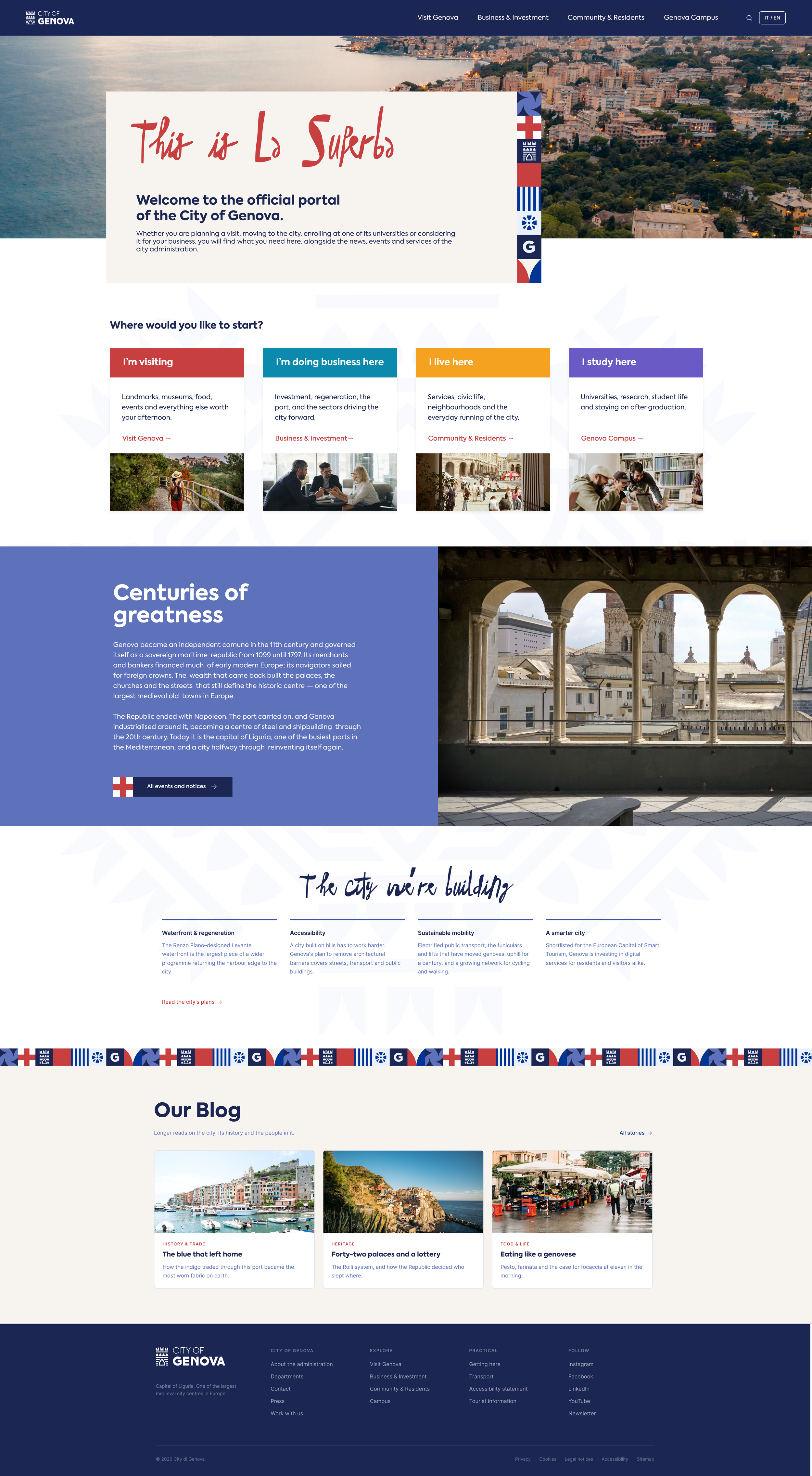 Screenshot of the official City of Genova website homepage, showing a header with navigation links, a background image of the coastline and cityscape, and sections about visiting, doing business, living, studying, the city's history, and blog posts.