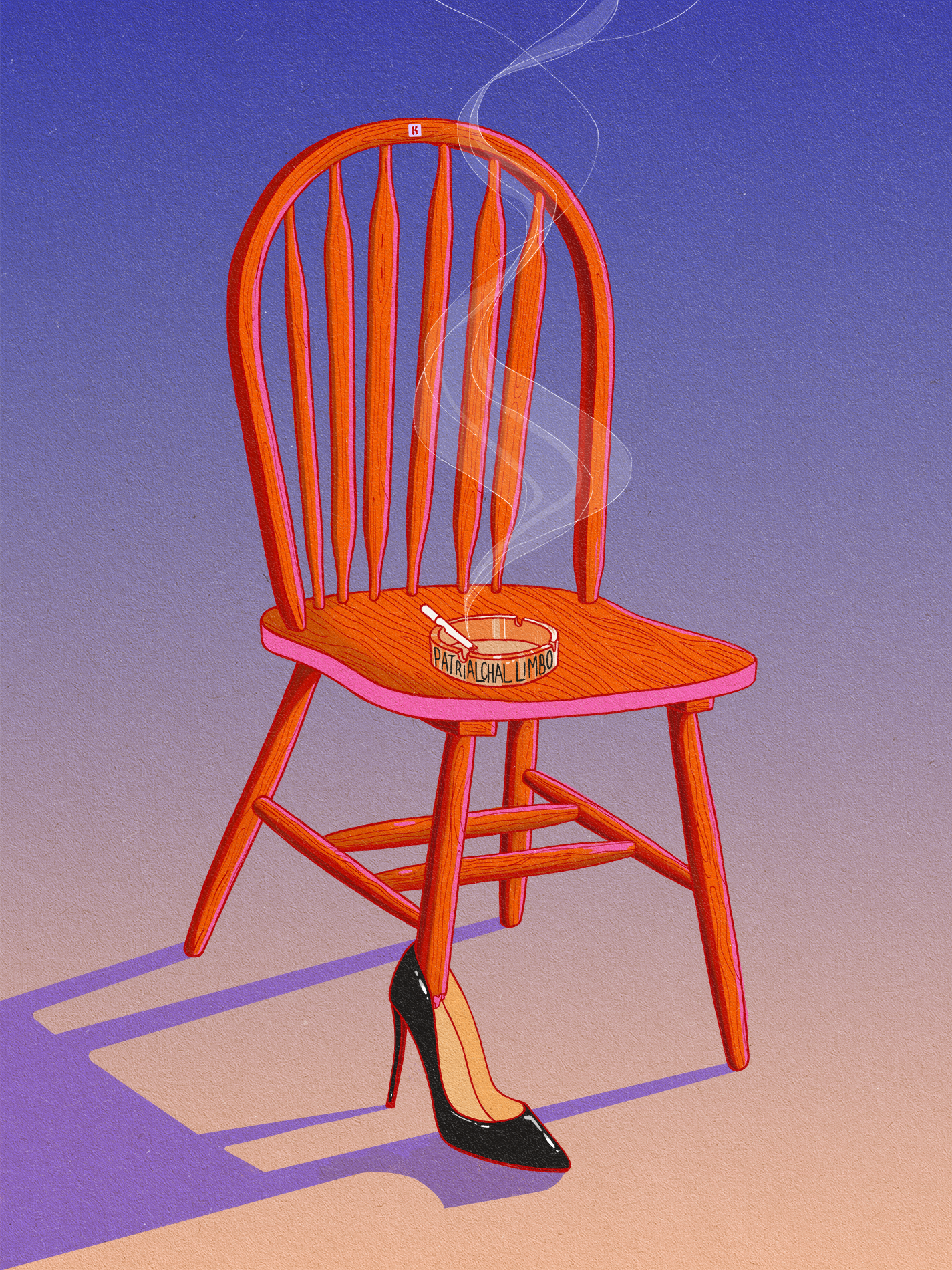 A wooden chair with a black high-heeled shoes placed underneath, a cigarette resting in an ashtray labeled 'Patriarchal Limbo'. Smoke rises from the cigarette, creating a swirling pattern against a gradient background.