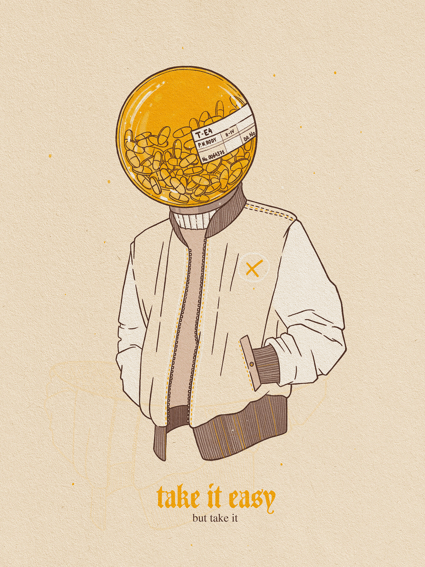 An illustration of a person wearing a beige jacket with hands in pockets, with a yellow pill bottle in place of a head. The bottle has a label with drug information and is filled with pills. The background is a textured beige with small yellow specks