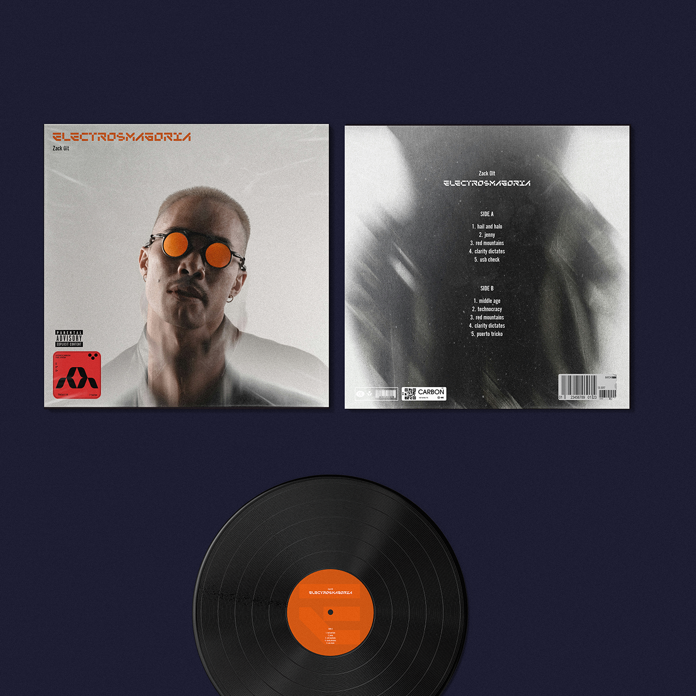 Vinyl record album titled "Electrosmagoria" by Zack Olt, featuring a cover with a man wearing sunglasses with orange lenses, and accompanying tracklist and barcode on the back cover.