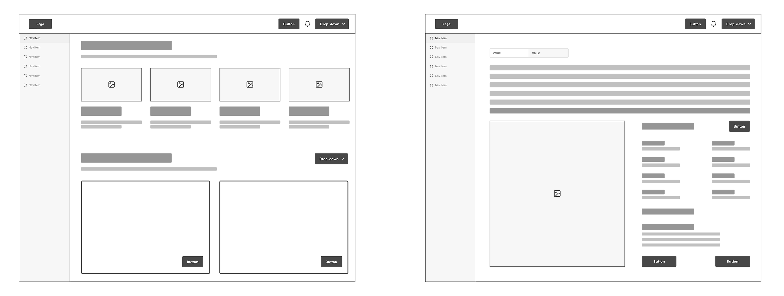 Wireframe layouts of two web pages with navigation menus, header sections, multiple content blocks, images, buttons, and dropdown menus, depicted in grayscale.
