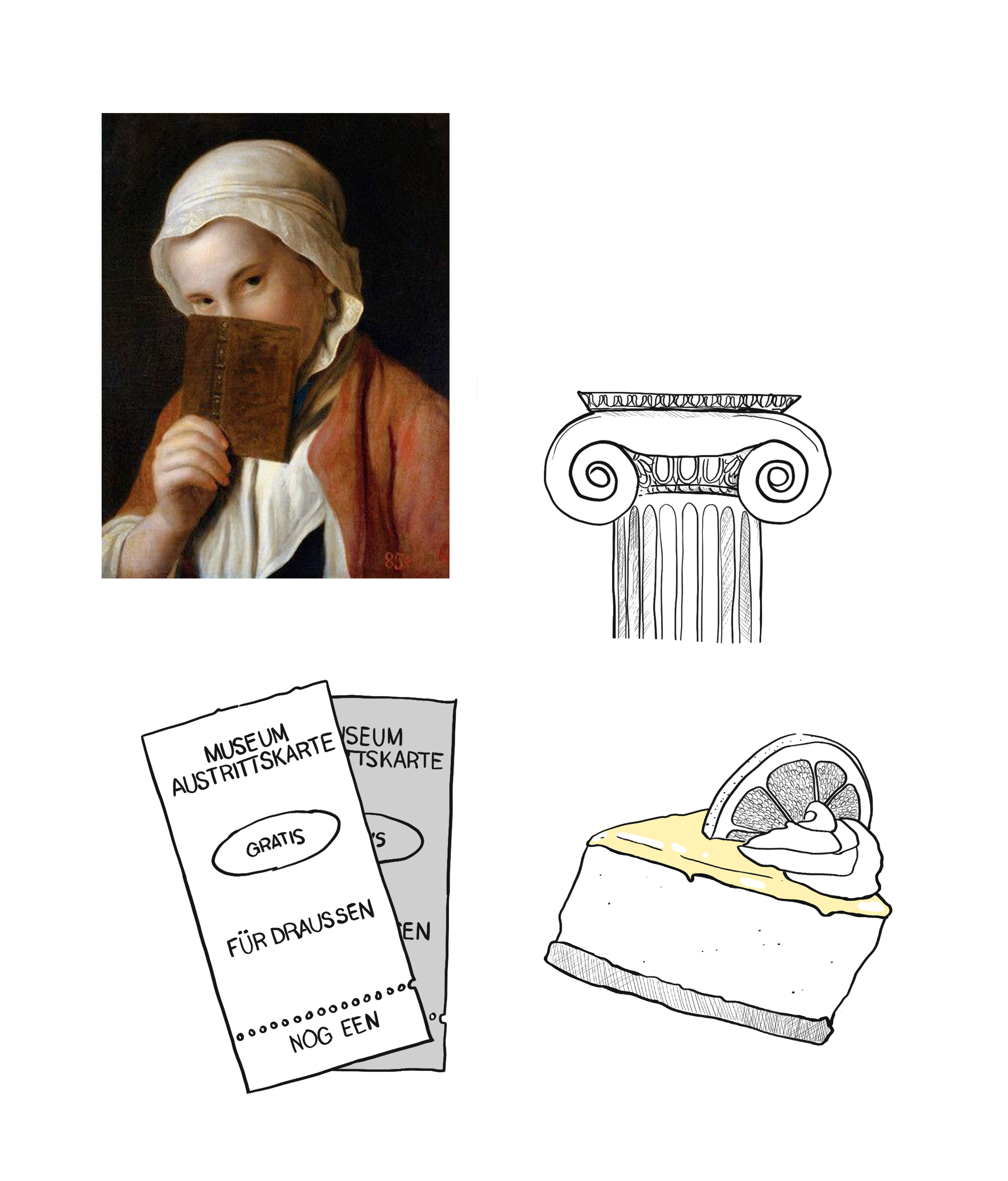Mix of handmade illustrations representing Klaudia's hobbies: museum tickets, ancient greek column, lemon cheesecake, renaissance painting.