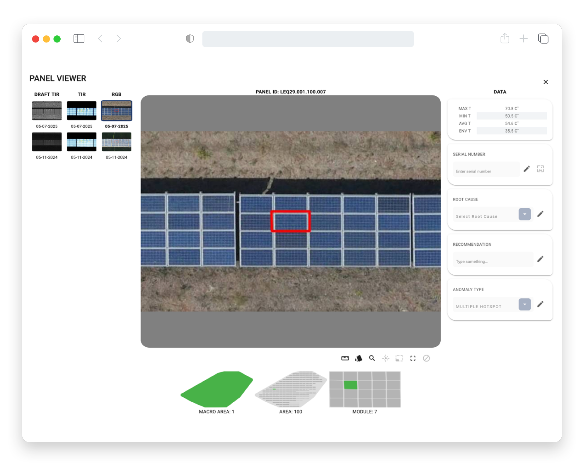 Dashboard displaying solar panel data, including panel images, temperature readings, and analysis tools.