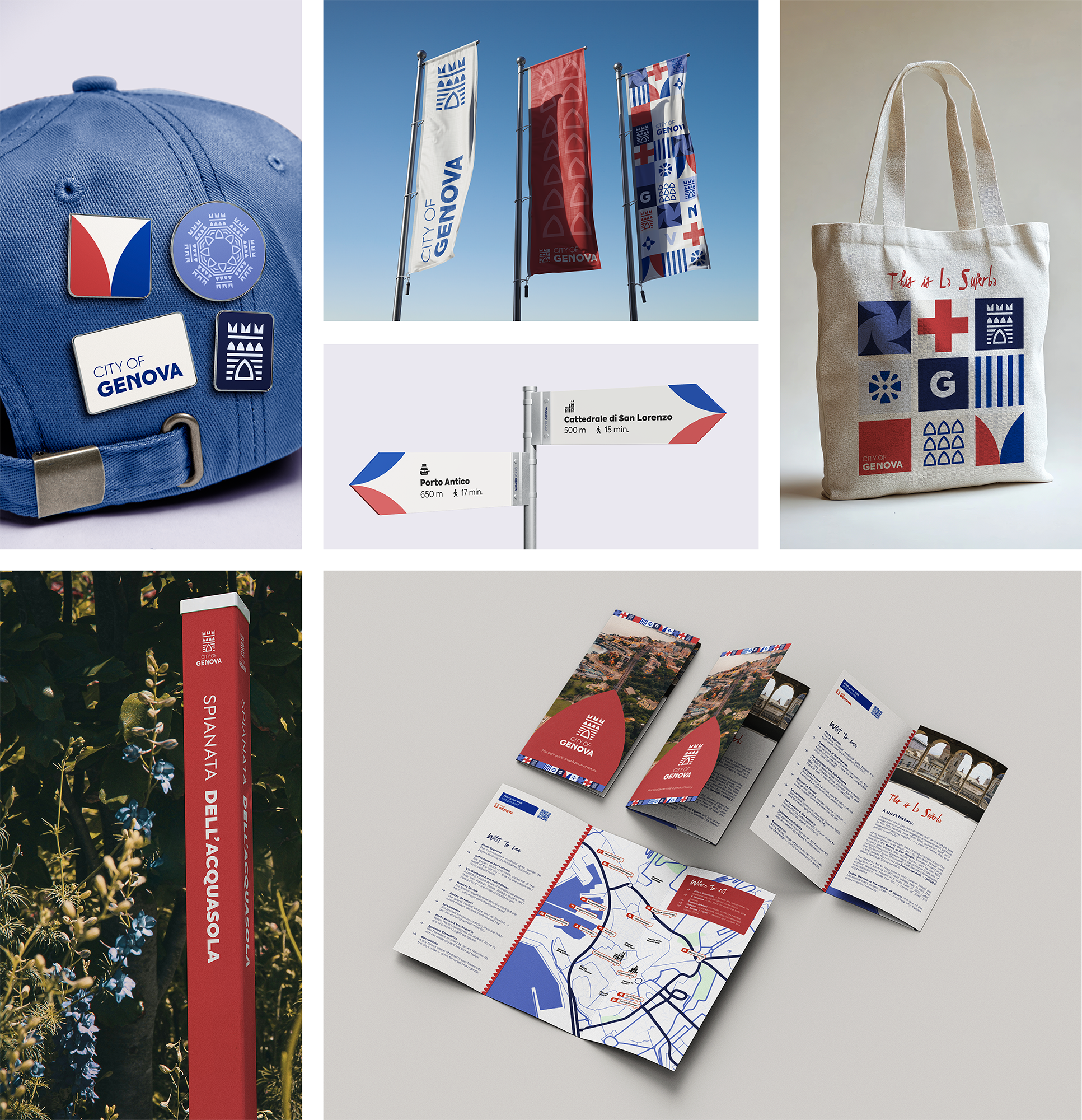 Collection of promotional items for the city of Genoa, including a blue cap with city badges and pins, flags of Genoa on poles, a red flag, a fabric tote bag with city logos, a red urban signpost with city names and distances, and various brochures with city maps and attractions.
