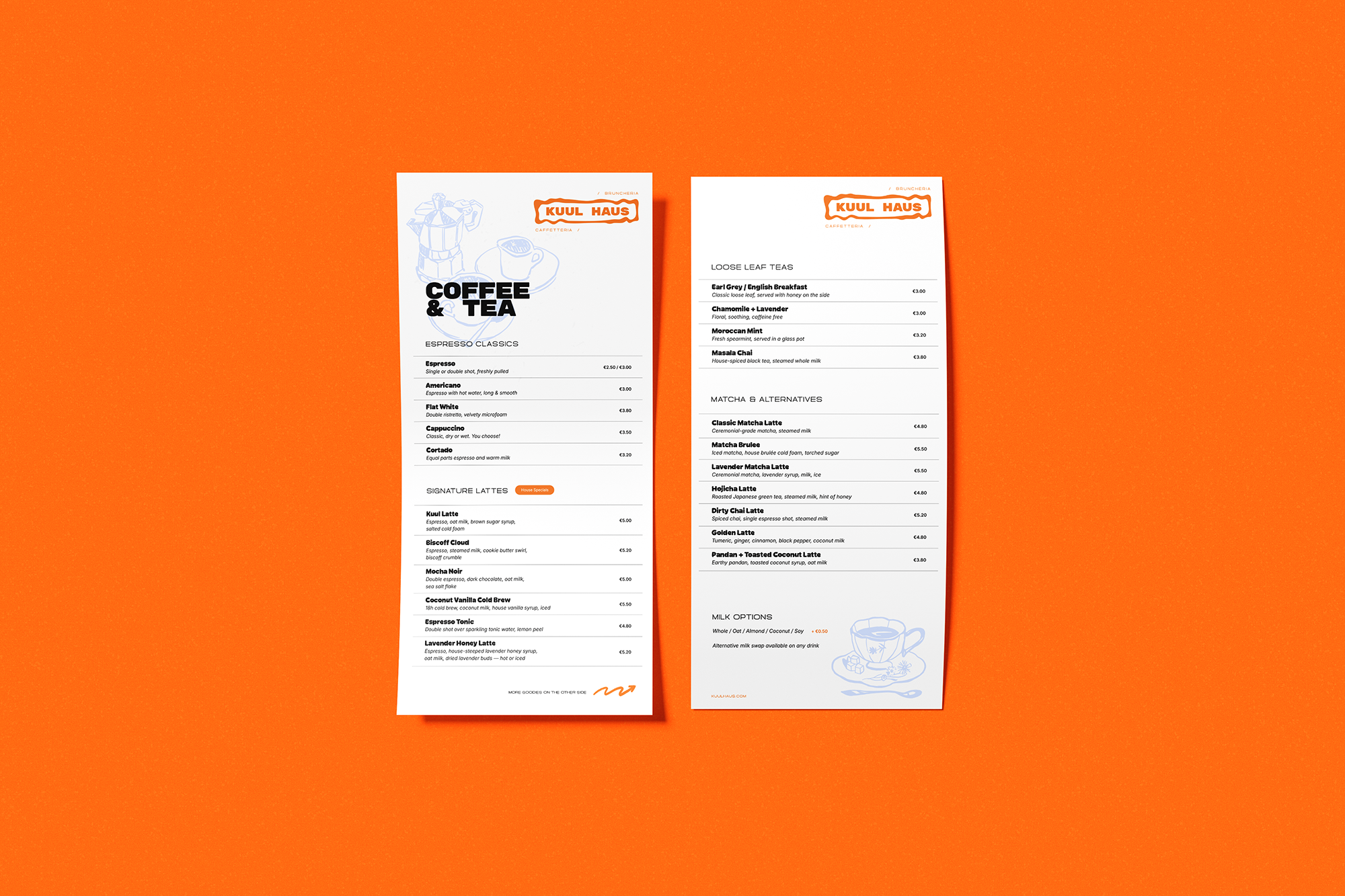 Two printed menus for Kuul Haus, a cafe and tea shop, placed on an orange surface. 