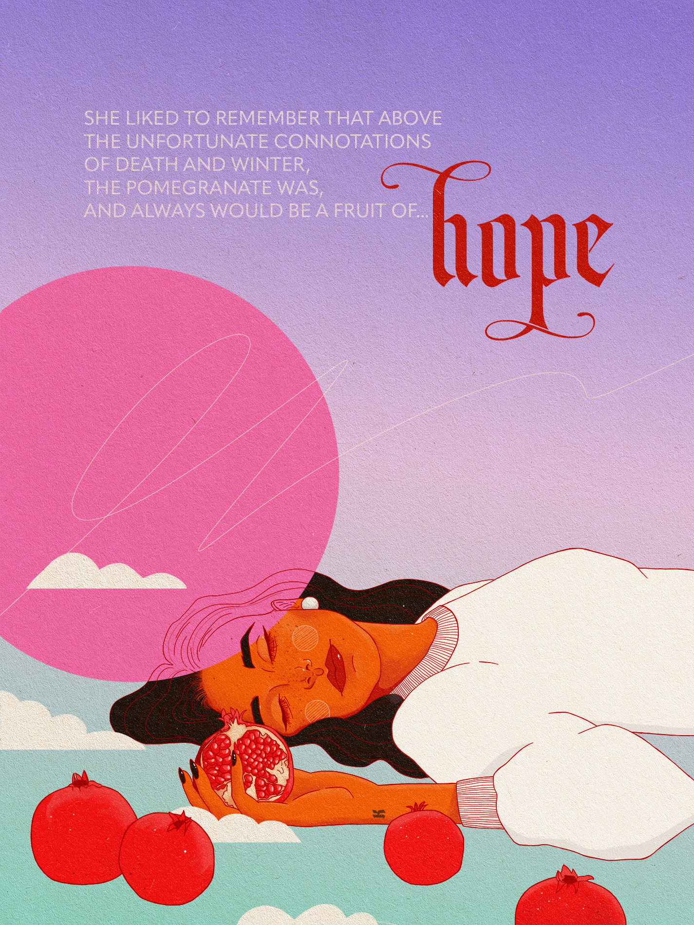 An illustrated woman with long black hair lying on her side with closed eyes, surrounded by large pomegranates and bright pink and purple clouds in a surreal landscape.
