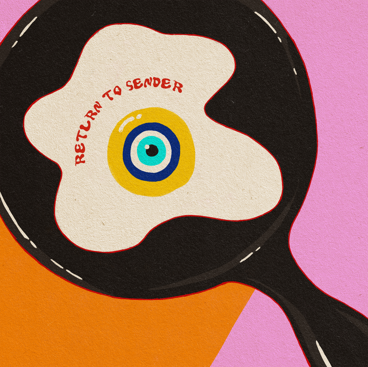 A stylized illustration of an iron pan with a fried egg and devil's eye in the center, with the words "RETURN TO SENDER" written on the egg white.