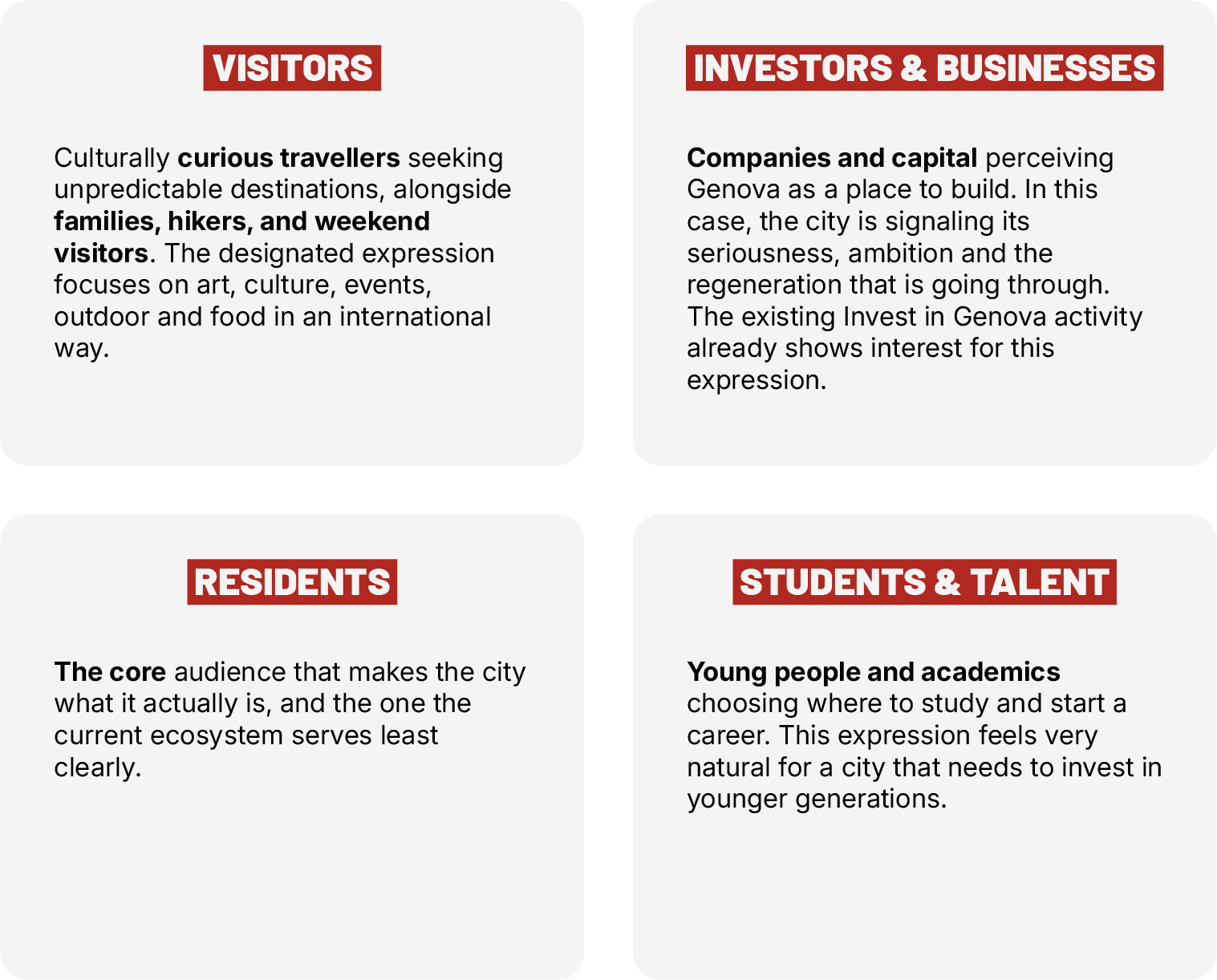 A chart with four sections: Visitors, Investors & Businesses, Residents, and Students & Talent. Each section contains a description of its respective group related to a city.
