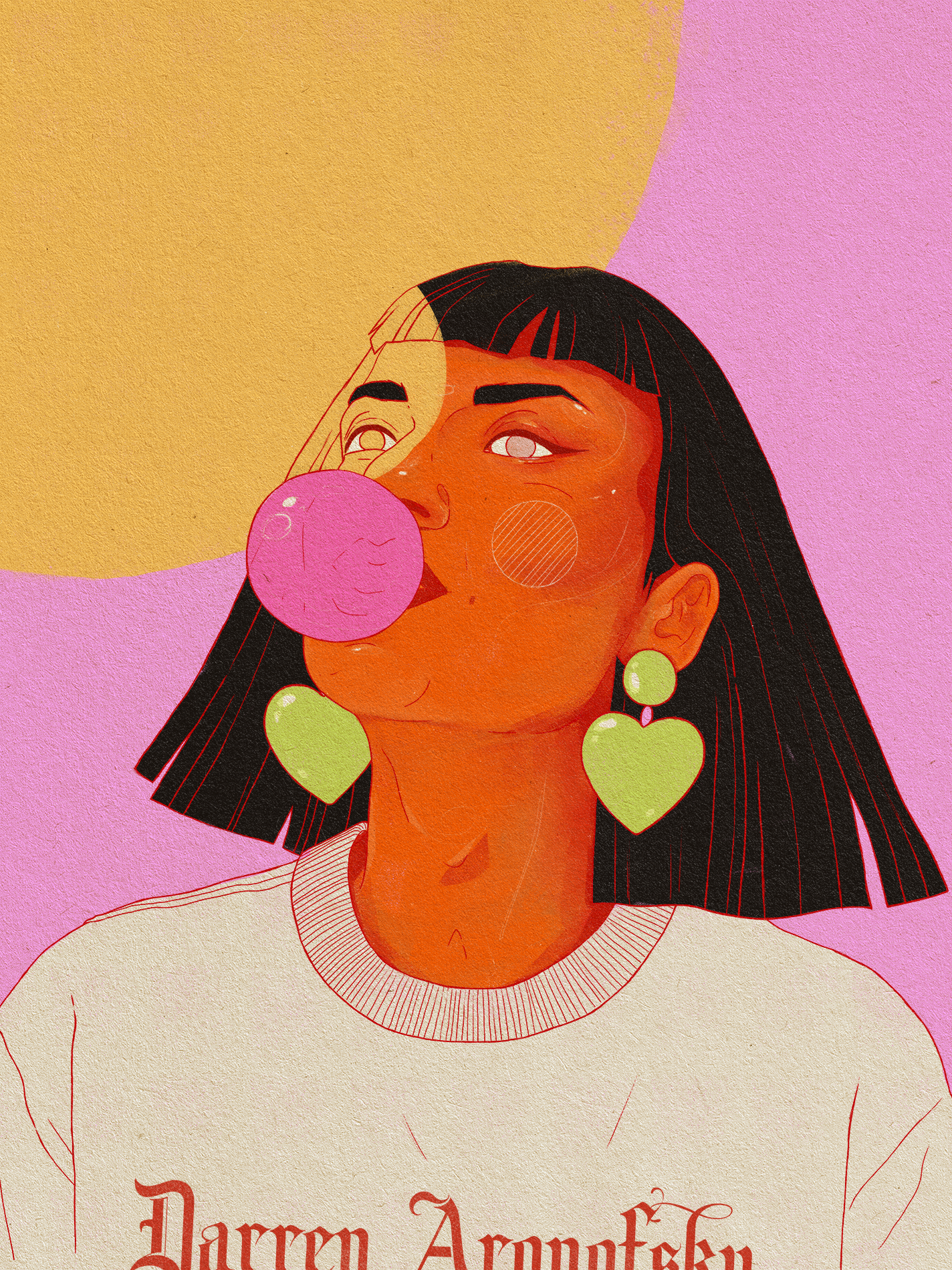 Illustration of a woman with black hair and dark skin blowing a pink bubblegum bubble, wearing lime green heart earrings and a cream-colored top with red text reading 'Darren Aronofsky' on her t-shirt.