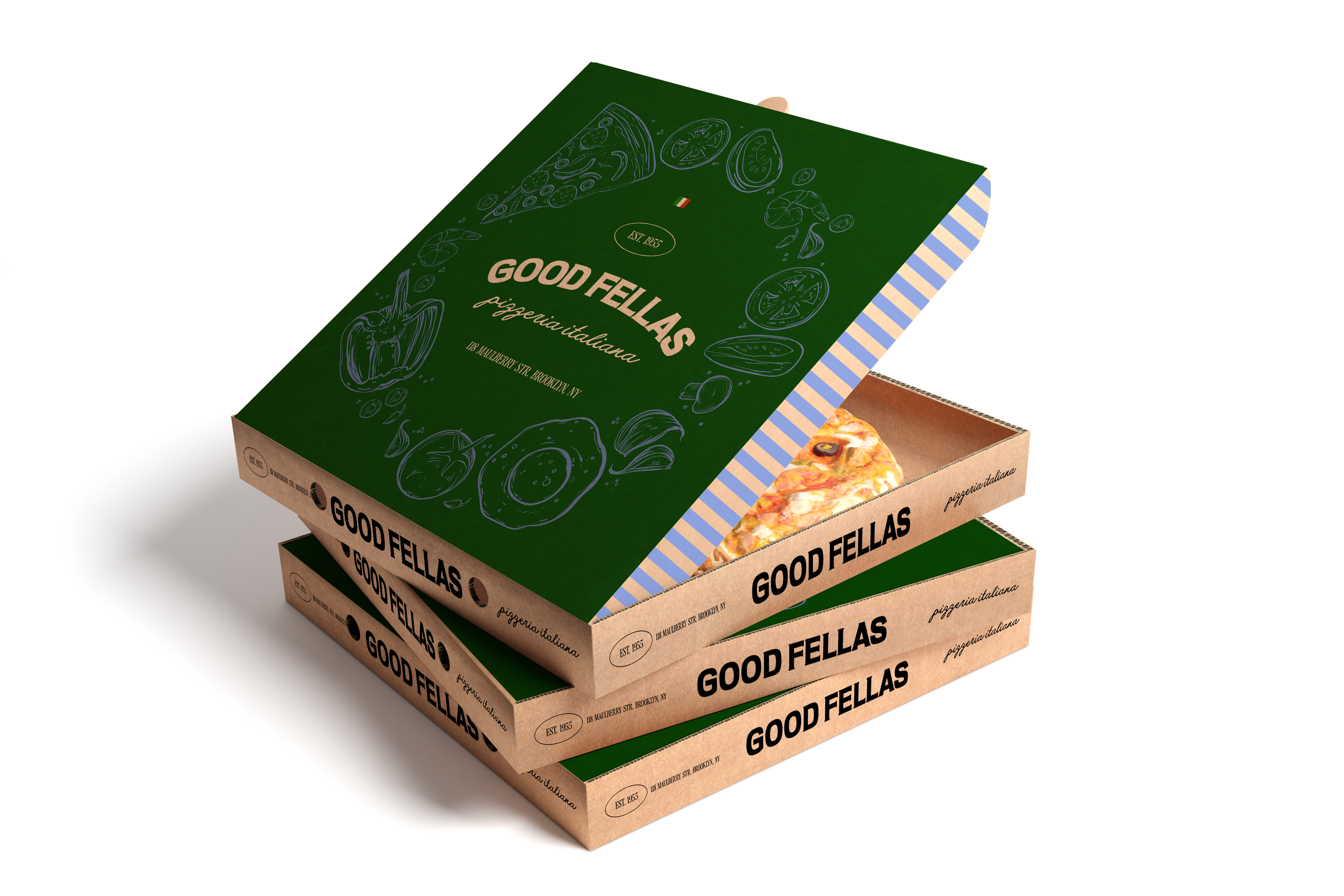 Stack of pizza boxes with green and brown design, labeled 'Good Fellas Pizzeria Italiana', featuring blue line art illustrations of pizza ingredients and slices.