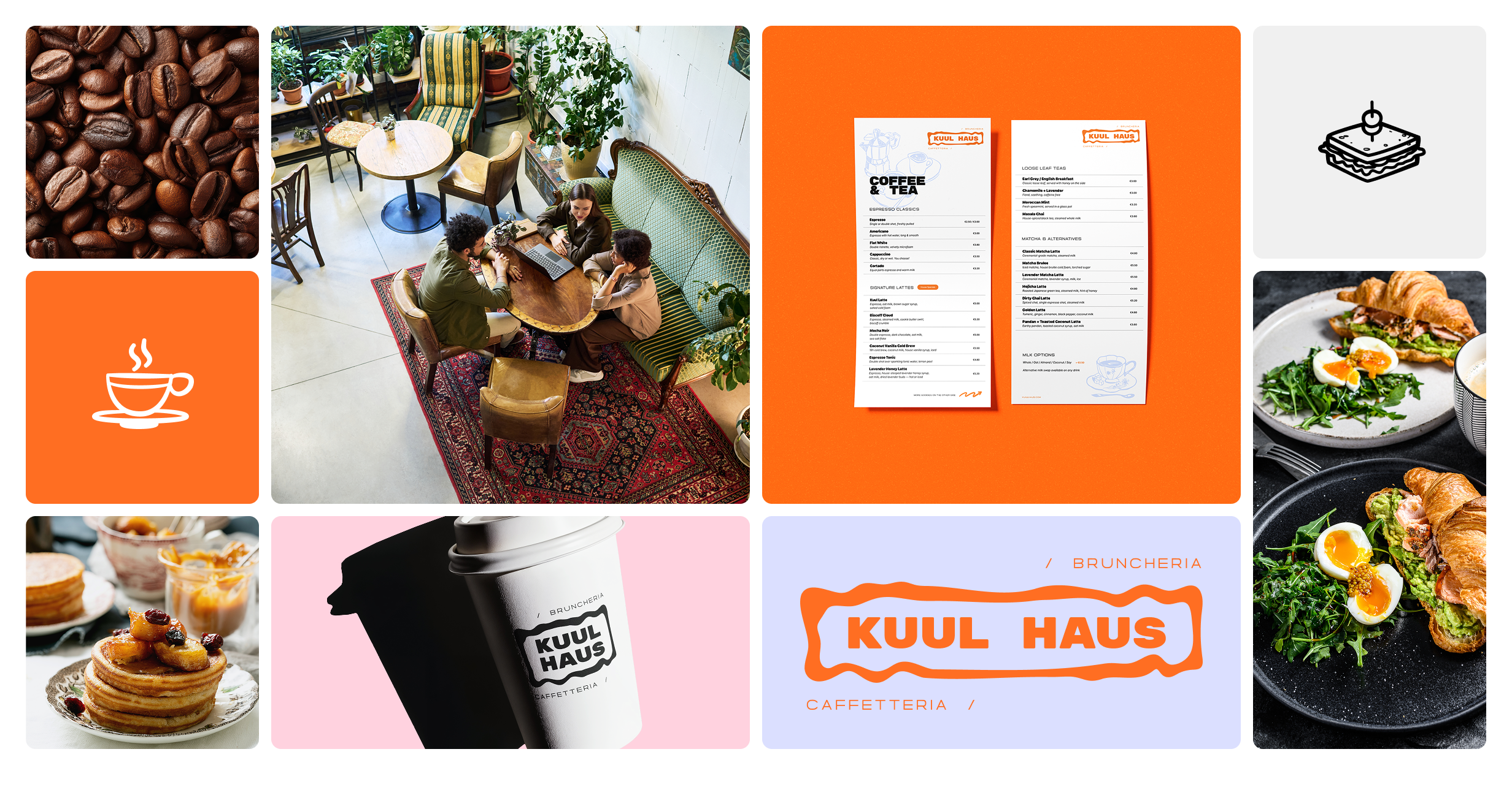 A collage with images of coffee beans, a cozy cafe interior with people sitting at a table, a cafe menu on an orange background, food dishes including croissants and salads, a branded coffee cup, and the logo of Kuul Haus cafe in orange and white.