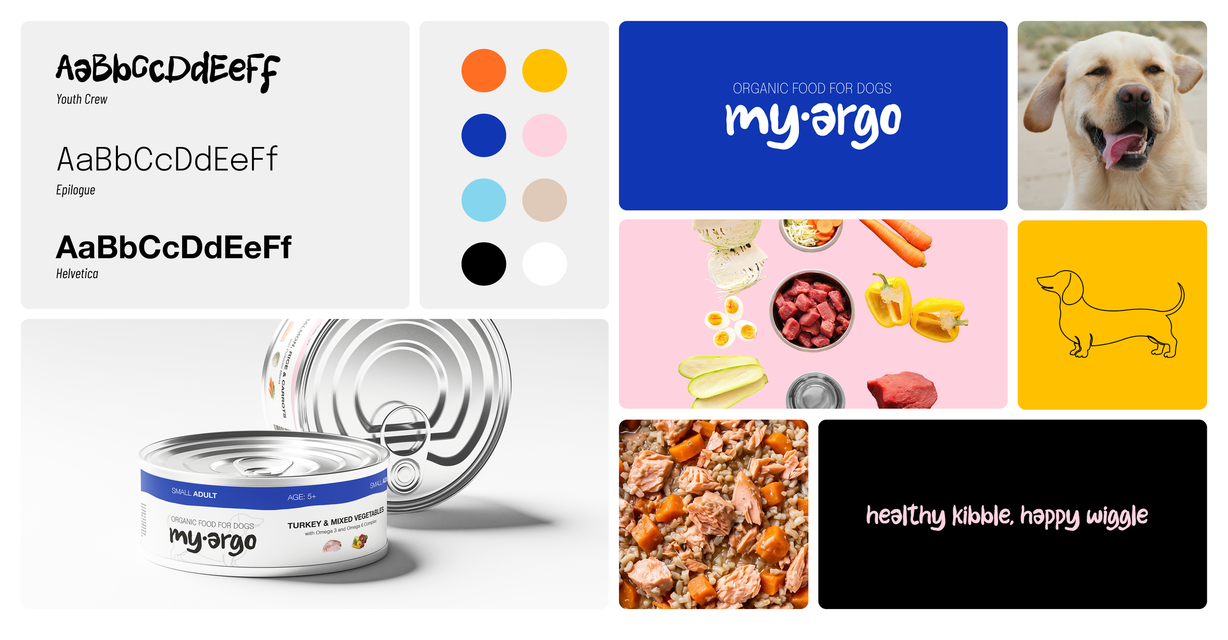 A collection of dog food branding and packaging images, including canned dog food, a dog, colorful logo, and text saying 'healthy kibble, happy wiggle' with pictures of dog food ingredients like meat, vegetables, and canned food.