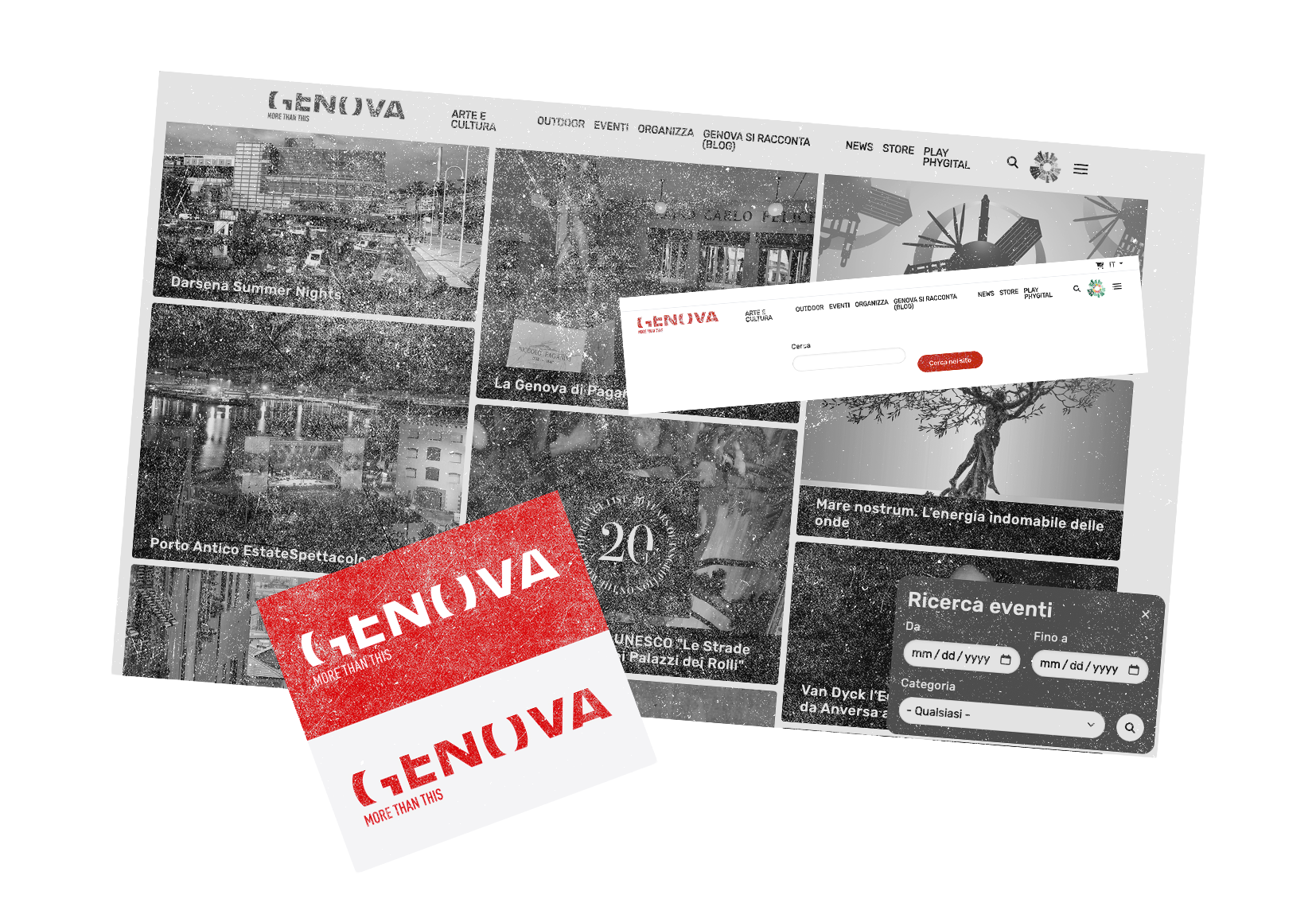 A collage of website screenshots featuring various events and cultural topics, with prominent red logos labeled 'GENOVA' and 'MORE THAN THIS'.