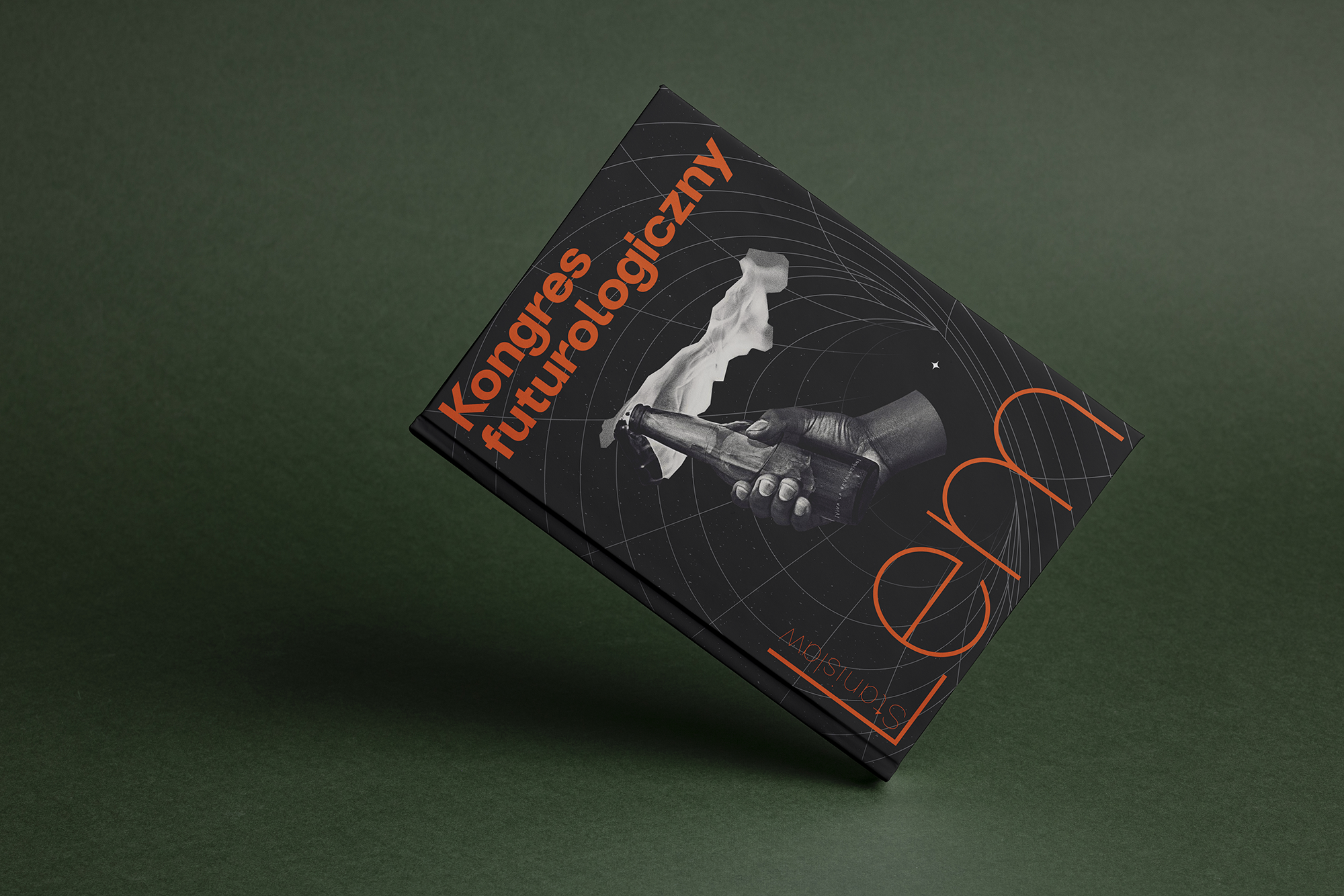 A book titled 'Kongres futurologiczny' with a black cover featuring geometric lines and a hand holding a molotov cocktail.