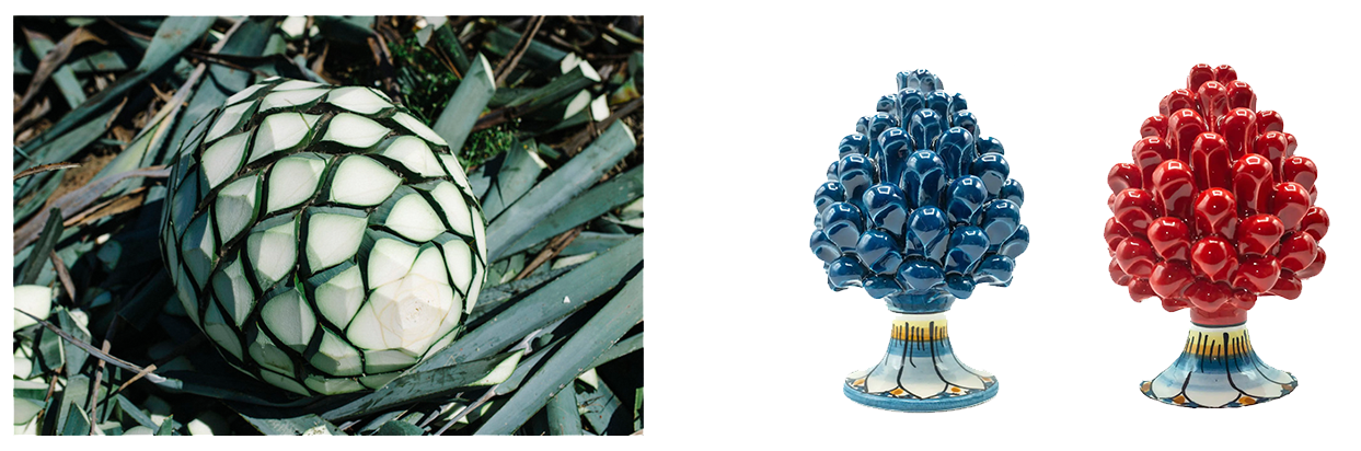 A harvested agave cone and two ceramic sicilian pinecones.