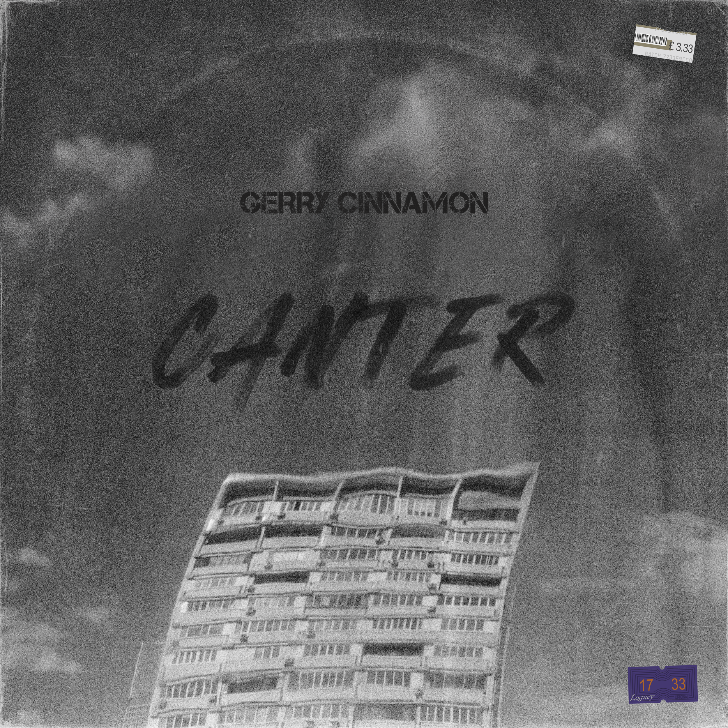 A vinyl album cover for Gerry Cinnamon's "Canter" presenting a distorted architecture and brush like font.