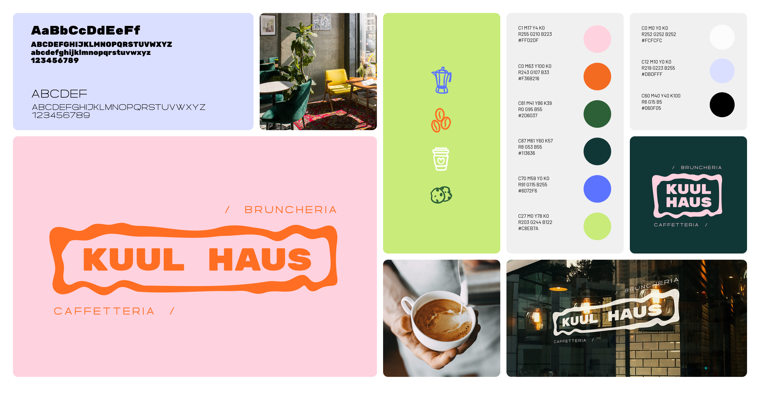 Close-up of a business branding bento box presentation for Kuul Haus, a cafe and brunch spot, featuring color swatches, logo, and interior photos.