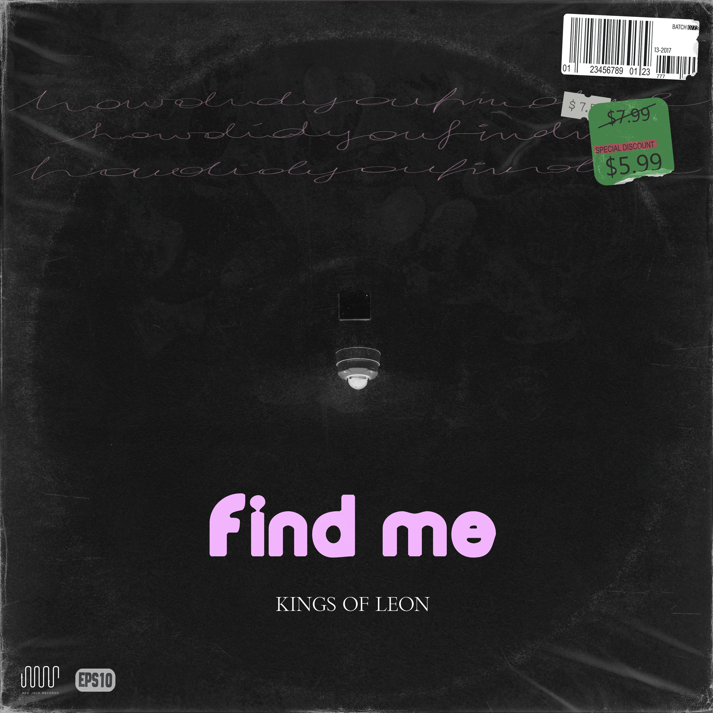 Black album cover with pinkish-purple handwritten-style text and bold pink title of the single "Find me" by Kings of Leon.