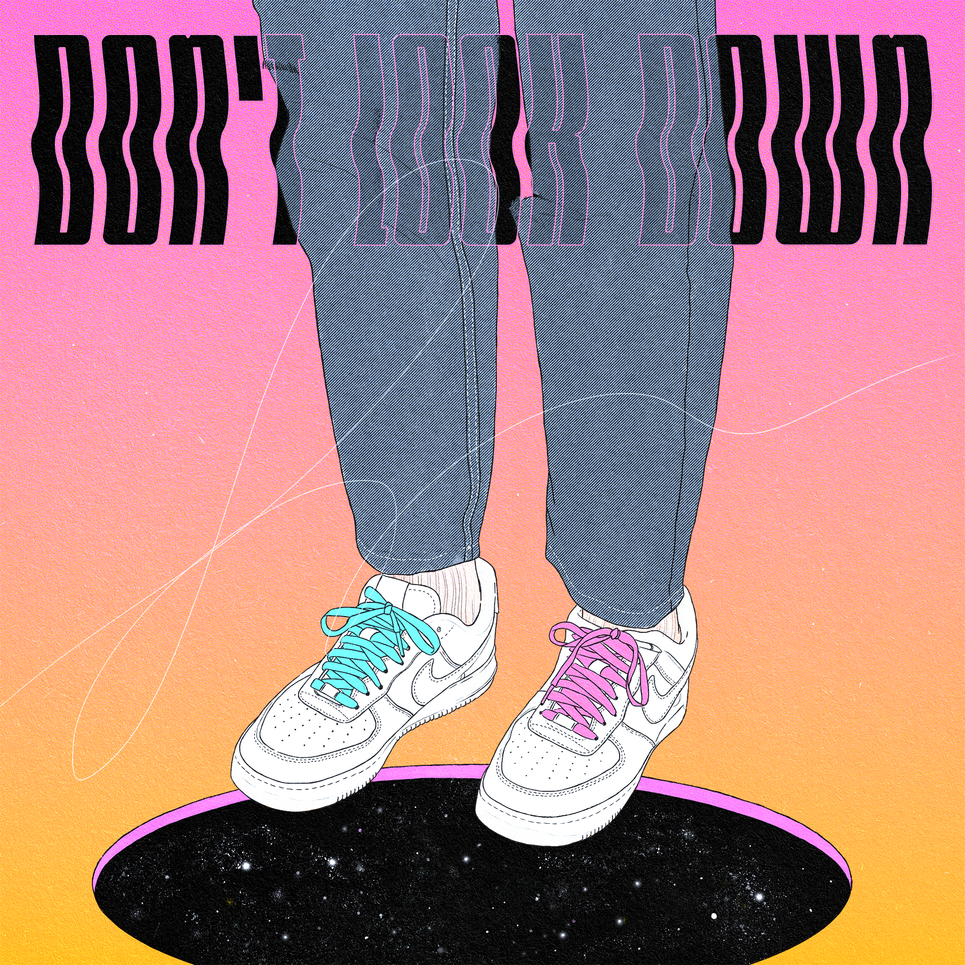 Illustration presenting cropped legs of a person wearing jeans and white sneakers.
