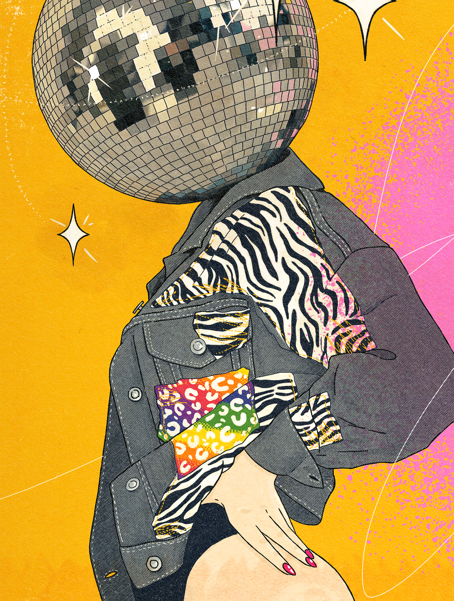 A person with a disco ball for a head, wearing a jean jacket with animalier print, with a yellow and pink background.