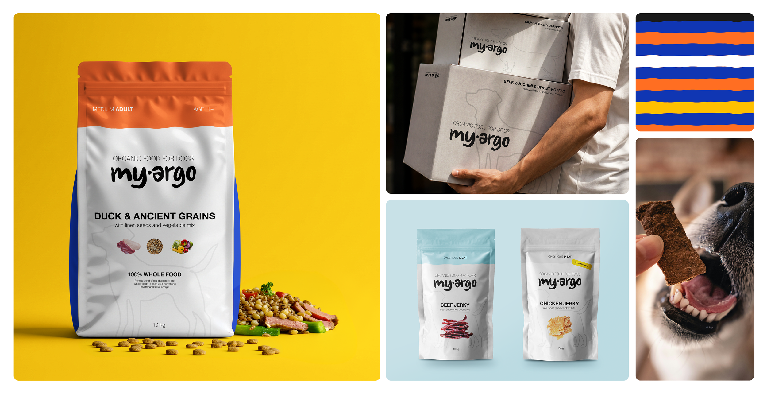 Collage of images of organic dog food packaging, boxes of dog food being carried, and a dog eating a treat.