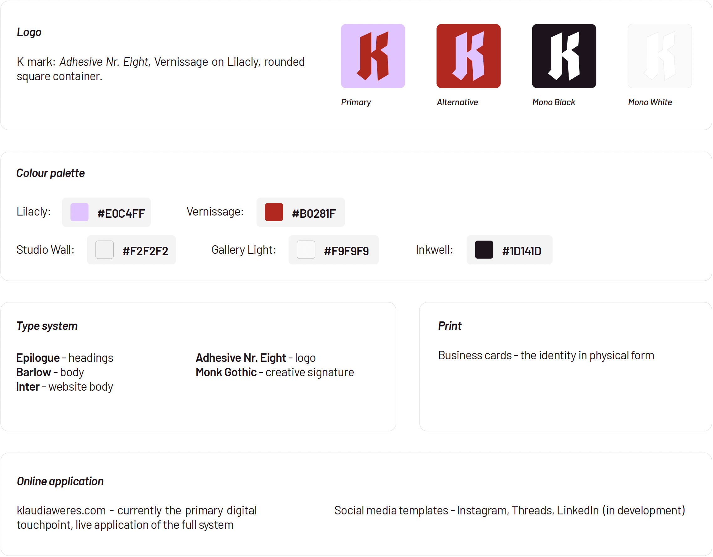 The image shows a design system guide with different logo options and color palette. The logos include Primary, Alternative, Mono Black, and Mono White, featuring a red and purple stylized 'K'. The color palette includes Lilac, Vernissage, Studio Wall, Gallery Light, and Inkwell, with their respective hex codes. There are also sections describing type system, print, and online application.