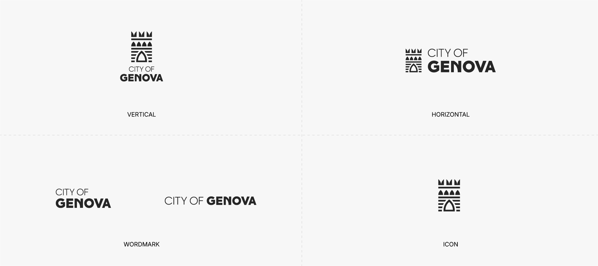 Comparison of the vertical, horizontal, wordmark, and icon versions of the City of Genova logo, showcasing different orientations and styles.