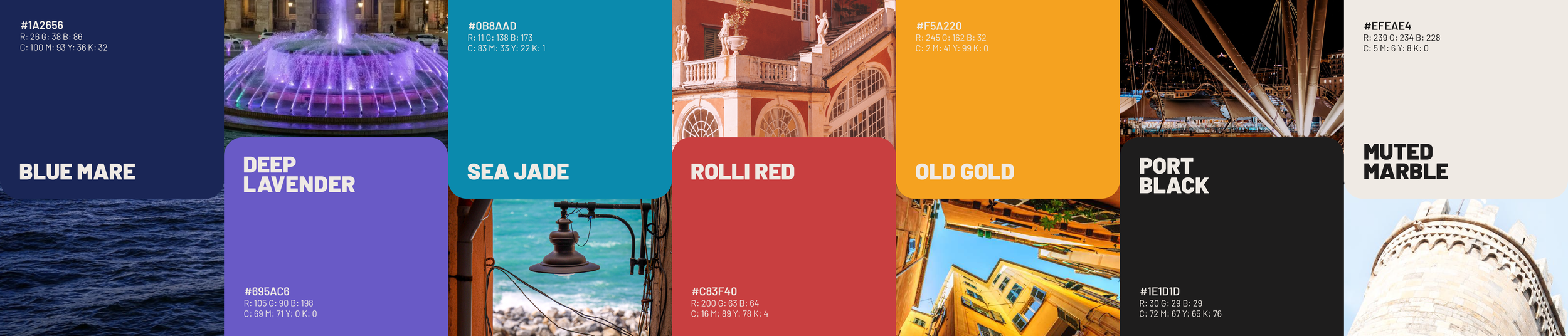 A colour palette including real photographs of Genova including a night fountain, a historic building, a city street, a modern architectural structure, and a castle turret.