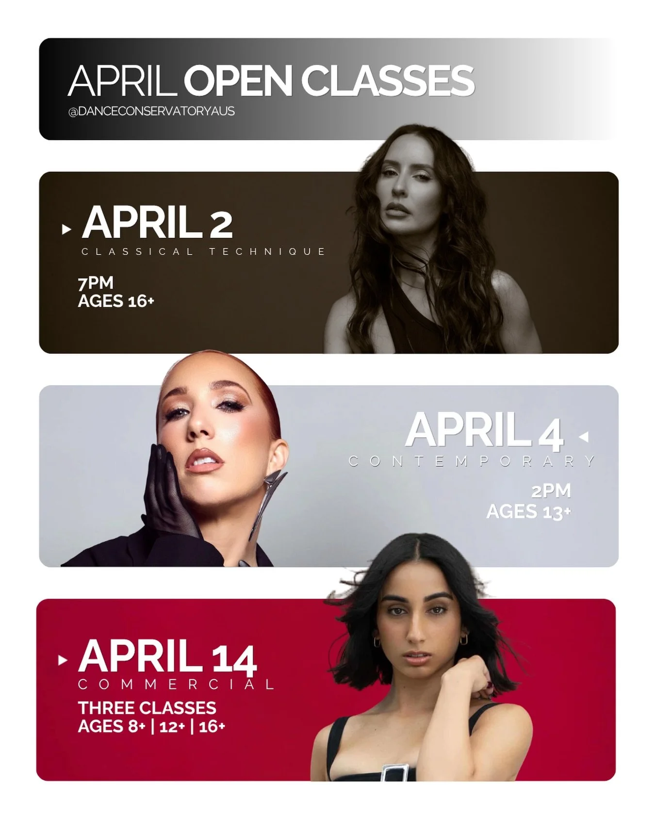 APRIL OPEN CLASSES ARE HERE 🔥

Three opportunities. Three incredible artists.

Train with Talia Fowler, Ren&eacute;e Ritchie, and Tiana Vassallo &mdash; each bringing real industry experience straight to Dance Conservatory. 

This is your chance to 